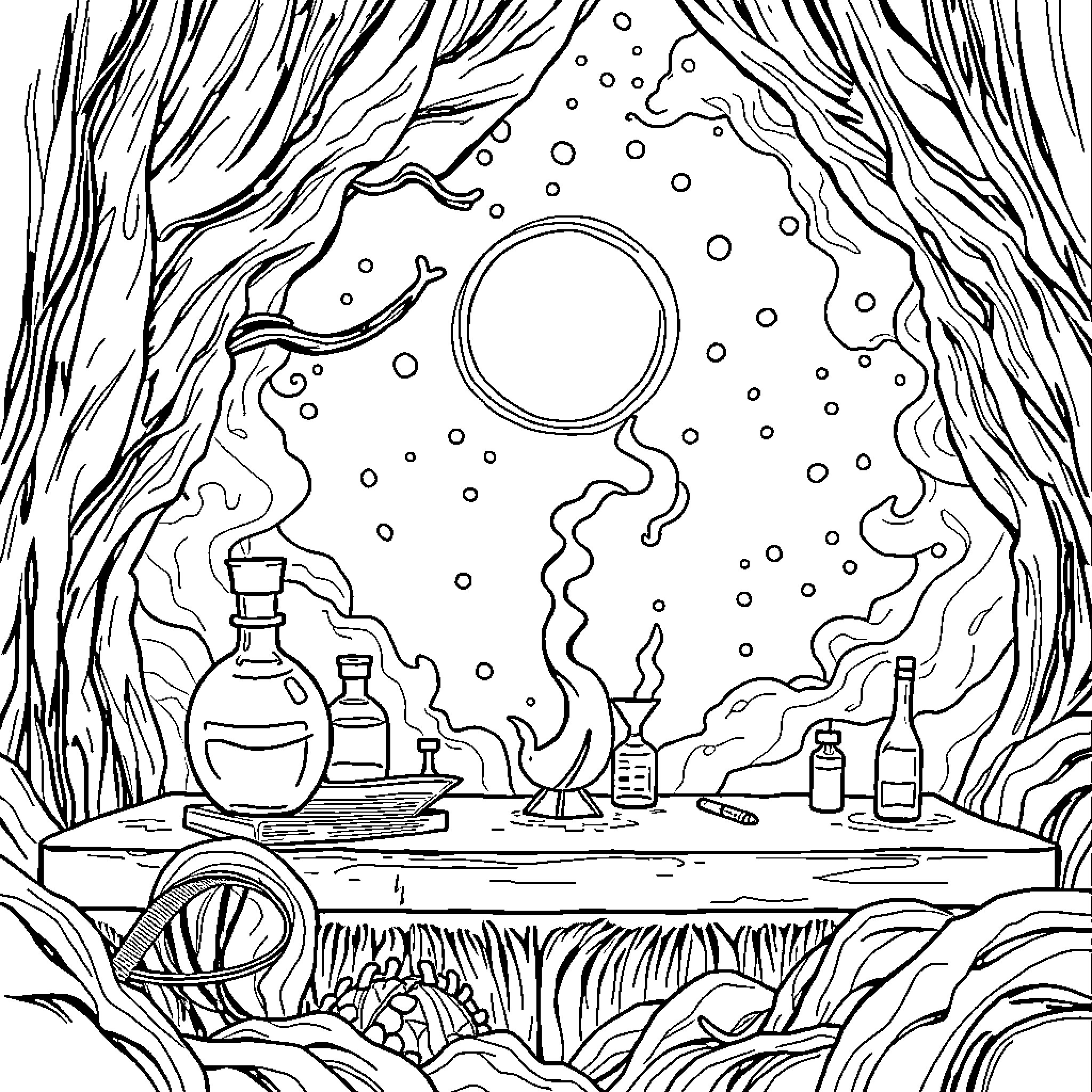 Science Laboratory Experiment in Mystic Woodland Coloring Page (free black-and-white line drawing printable PDF for all, from beginners to advanced learners, including children, teens, adults, and seniors)
