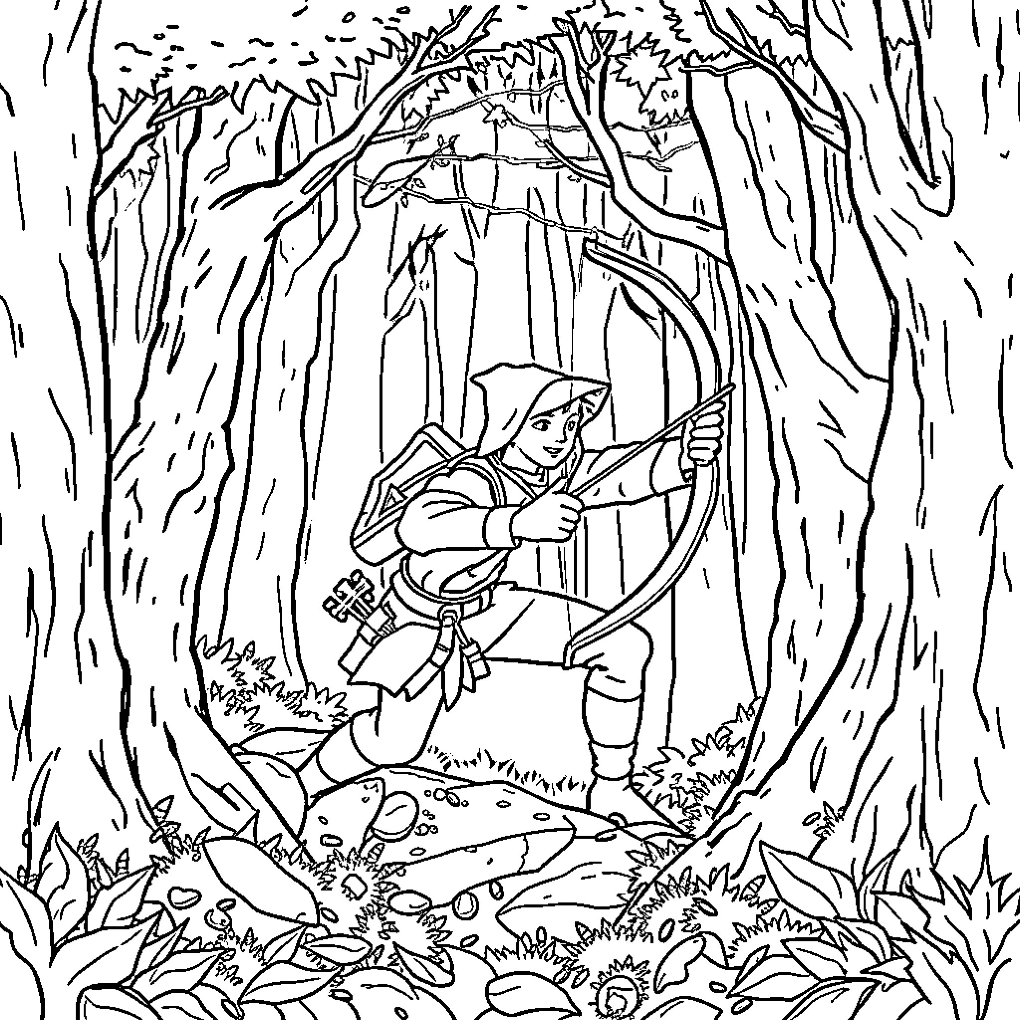 Robin Hood adventuring in the enchanted forest Coloring Page (free black-and-white line drawing printable PDF for all, from beginners to advanced learners, including children, teens, adults, and seniors)