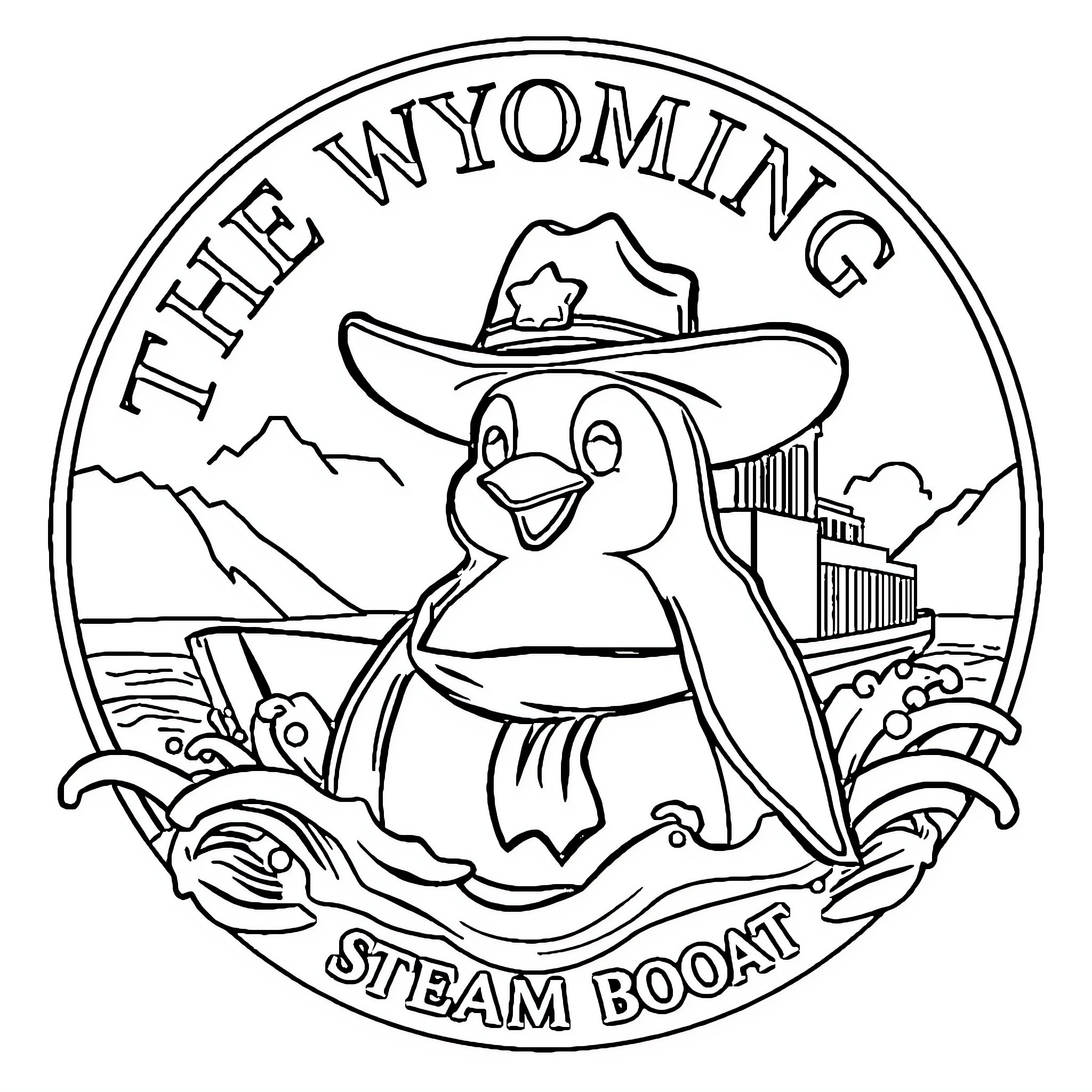 Penguin enjoying a steamboat ride in Wyoming Coloring Page (free black-and-white line drawing printable PDF for all, from beginners to advanced learners, including children, teens, adults, and seniors)