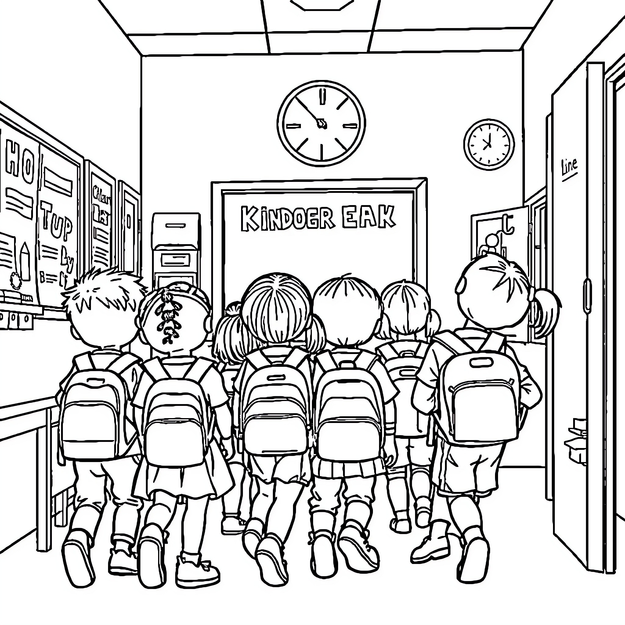 Kindergarten students entering the classroom Coloring Page (free black-and-white line drawing printable PDF for all, from beginners to advanced learners, including children, teens, adults, and seniors)