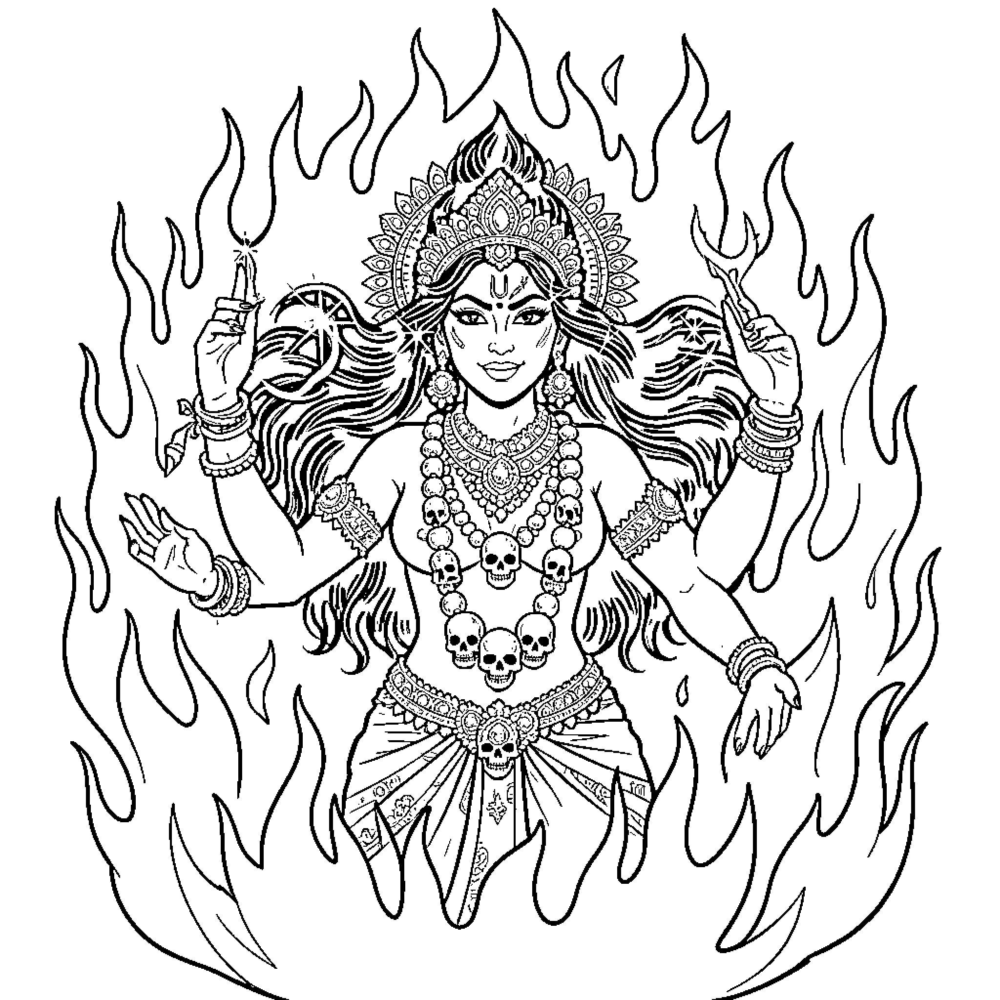 Goddess Kali in fierce and powerful pose Coloring Page (free black-and-white line drawing printable PDF for all, from beginners to advanced learners, including children, teens, adults, and seniors)