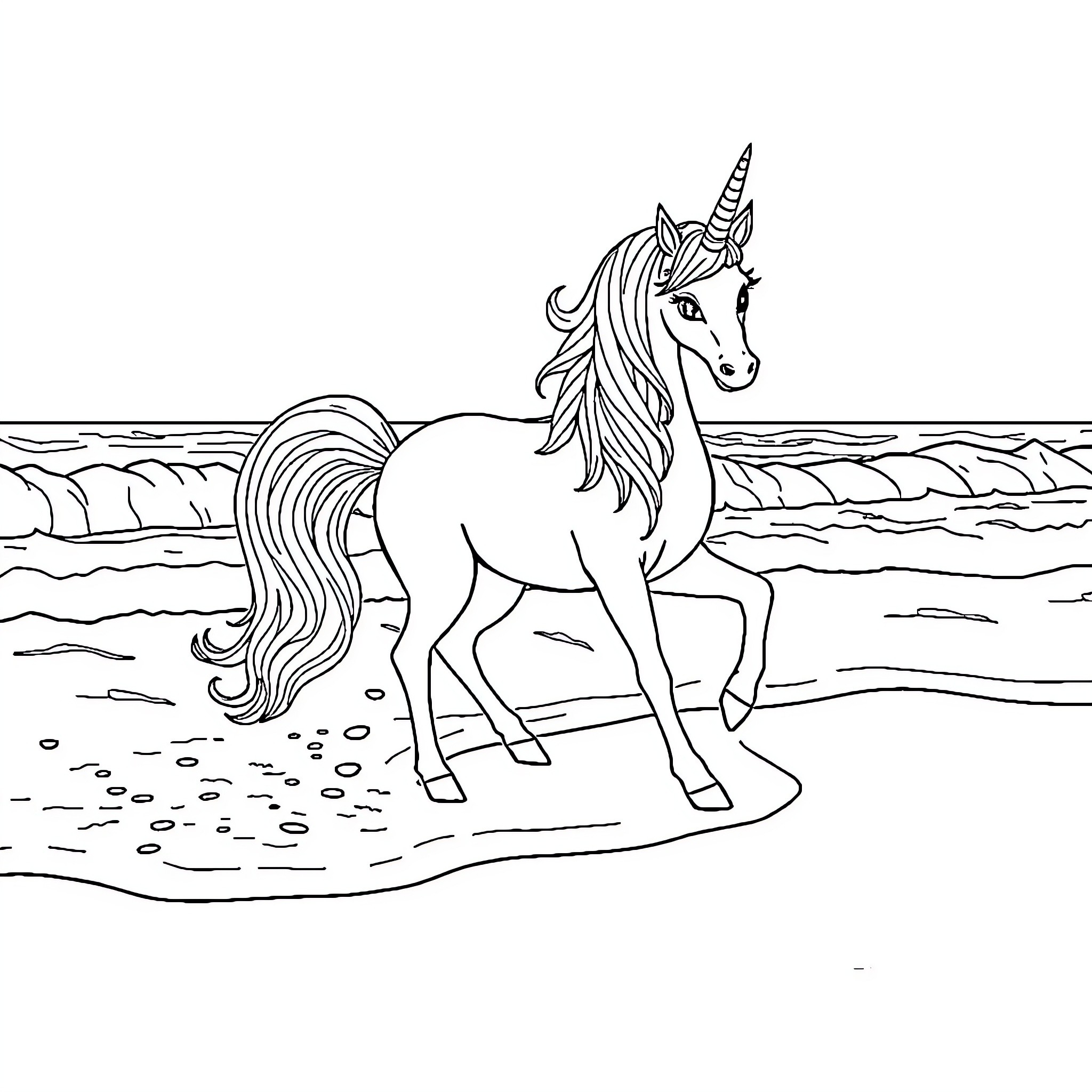 Unicorn exploring the enchanting seashore Coloring Page (free black-and-white line drawing printable PDF for all, from beginners to advanced learners, including children, teens, adults, and seniors)