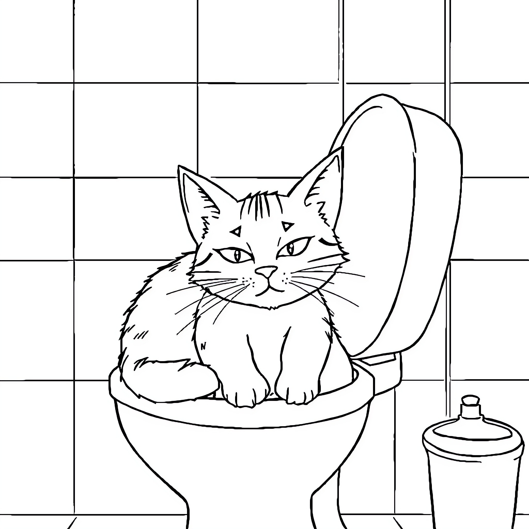 Cat in the Bathroom Coloring Page (free black-and-white line drawing printable PDF for all, from beginners to advanced learners, including children, teens, adults, and seniors)