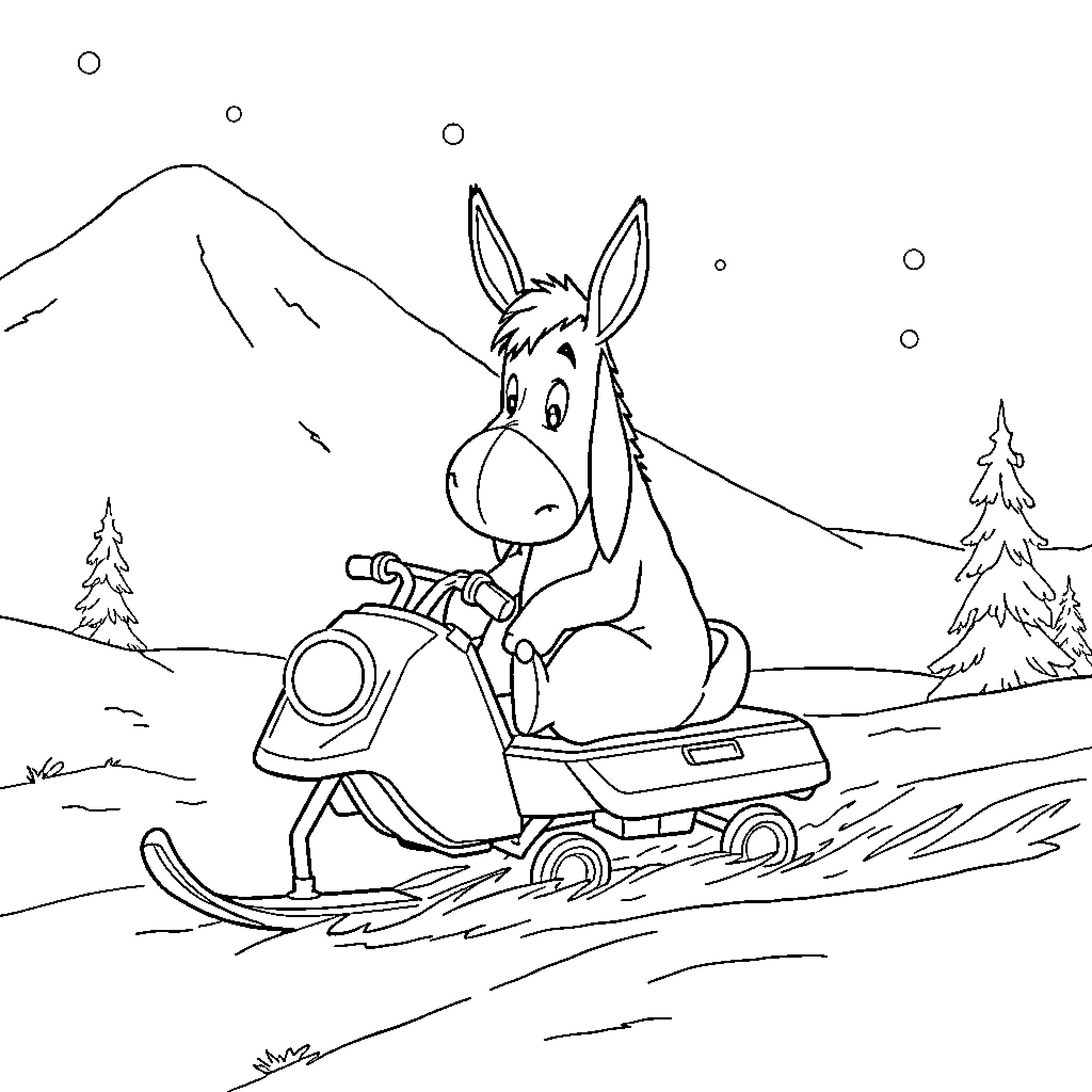 Eeyore riding a scooter in the snowy mountains Coloring Page (free black-and-white line drawing printable PDF for all, from beginners to advanced learners, including children, teens, adults, and seniors)
