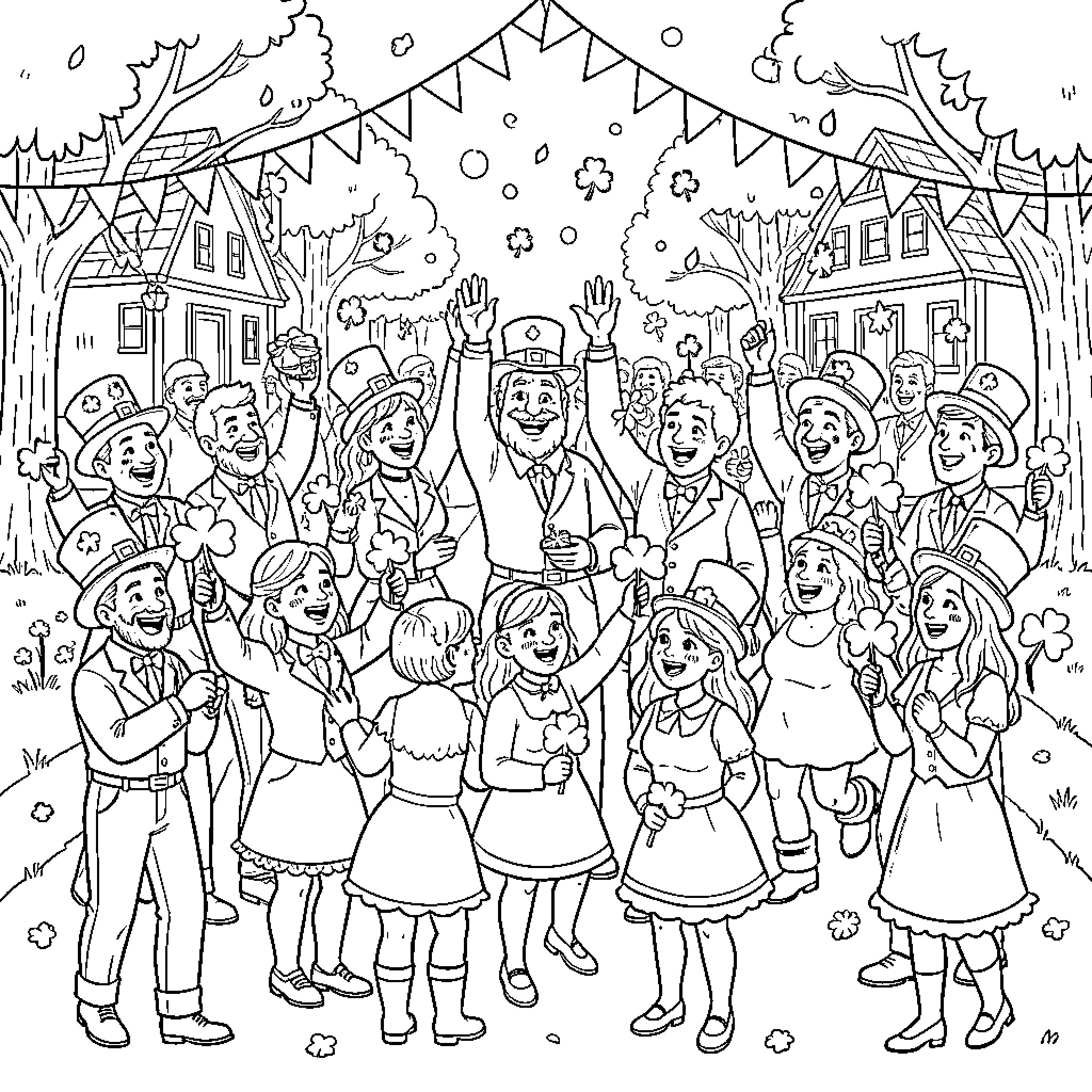 St Patrick's Day Community Celebration with Smiling People Coloring Page (free black-and-white line drawing printable PDF for all, from beginners to advanced learners, including children, teens, adults, and seniors)