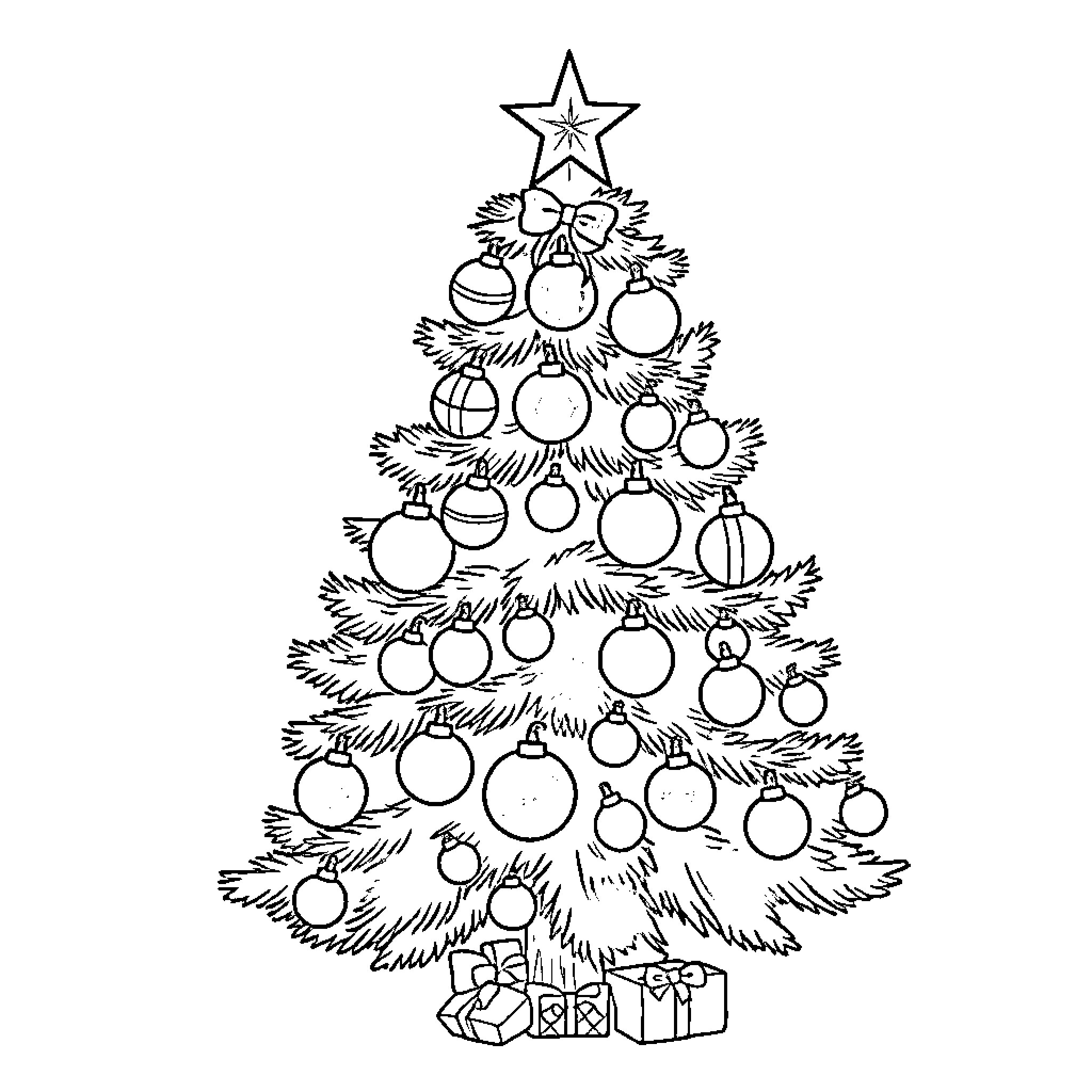 Tree adorned with ornaments and gifts Coloring Page (free black-and-white line drawing printable PDF for all, from beginners to advanced learners, including children, teens, adults, and seniors)