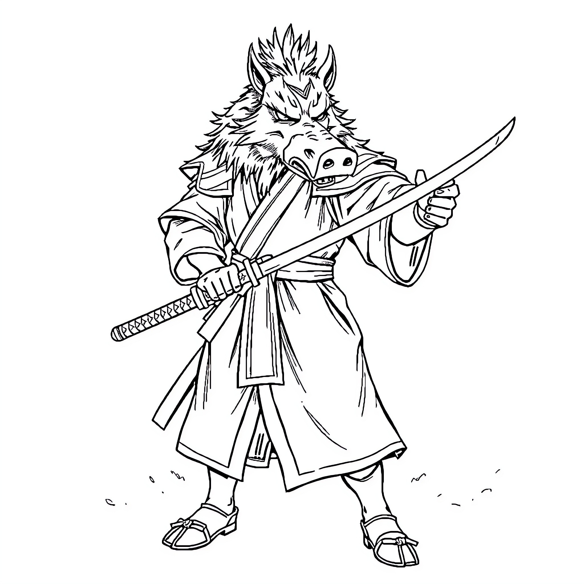 Inosuke wielding his sword in battle-ready stance Coloring Page (free black-and-white line drawing printable PDF for all, from beginners to advanced learners, including children, teens, adults, and seniors)