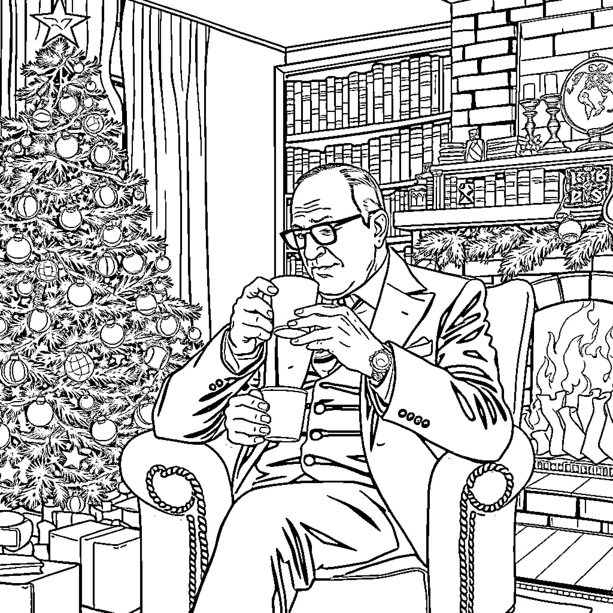 Raymond Reddington enjoying a moment of relaxation by the fireplace Coloring Page (free black-and-white line drawing printable PDF for all, from beginners to advanced learners, including children, teens, adults, and seniors)