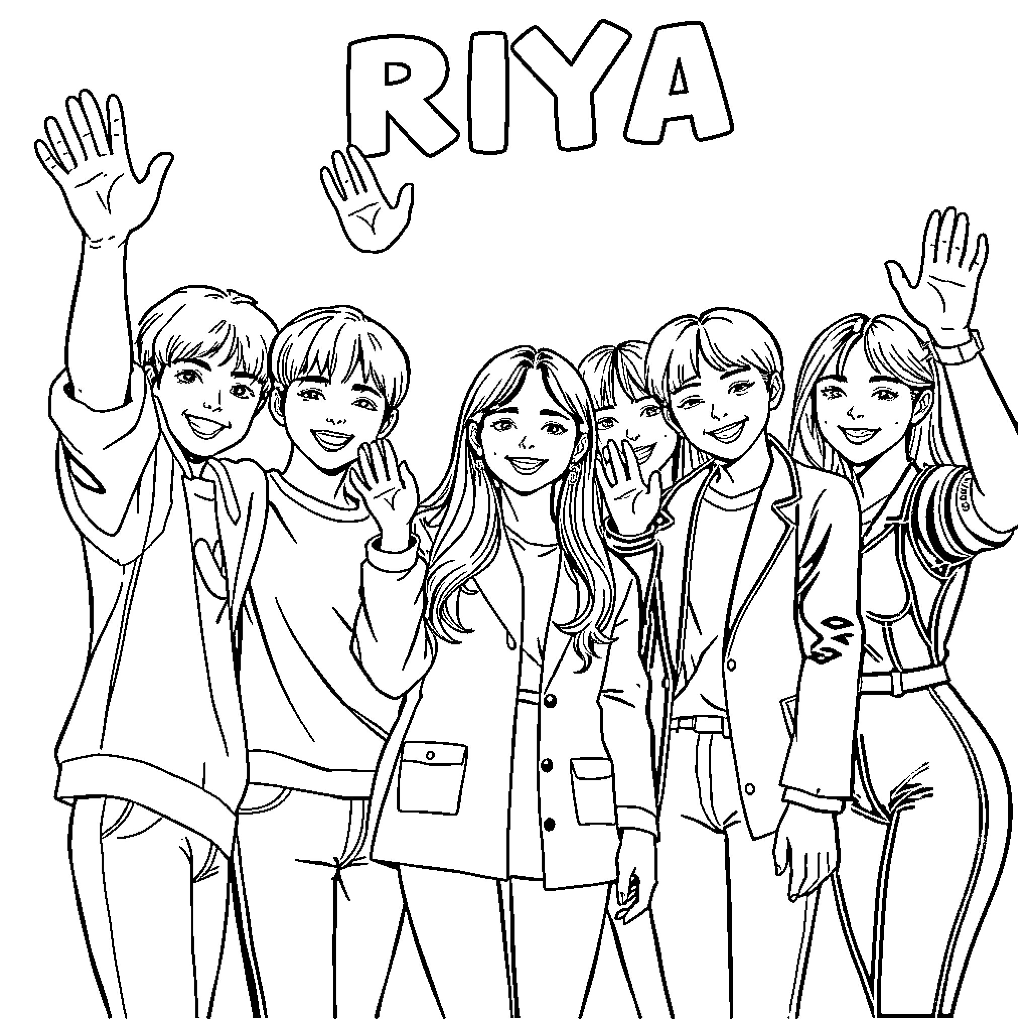 K Pop Group Posing Enthusiastically Coloring Page (free black-and-white line drawing printable PDF for all, from beginners to advanced learners, including children, teens, adults, and seniors)