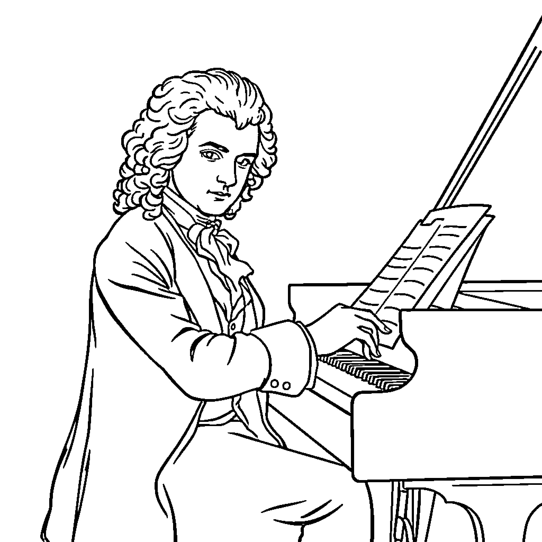 Mozart Composing Music at the Piano Coloring Page (free black-and-white line drawing printable PDF for all, from beginners to advanced learners, including children, teens, adults, and seniors)