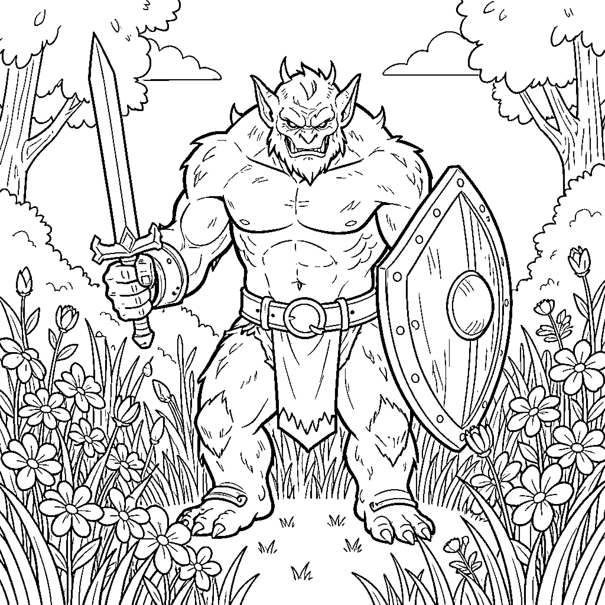 Monster warrior wielding a sword and shield Coloring Page (free black-and-white line drawing printable PDF for all, from beginners to advanced learners, including children, teens, adults, and seniors)