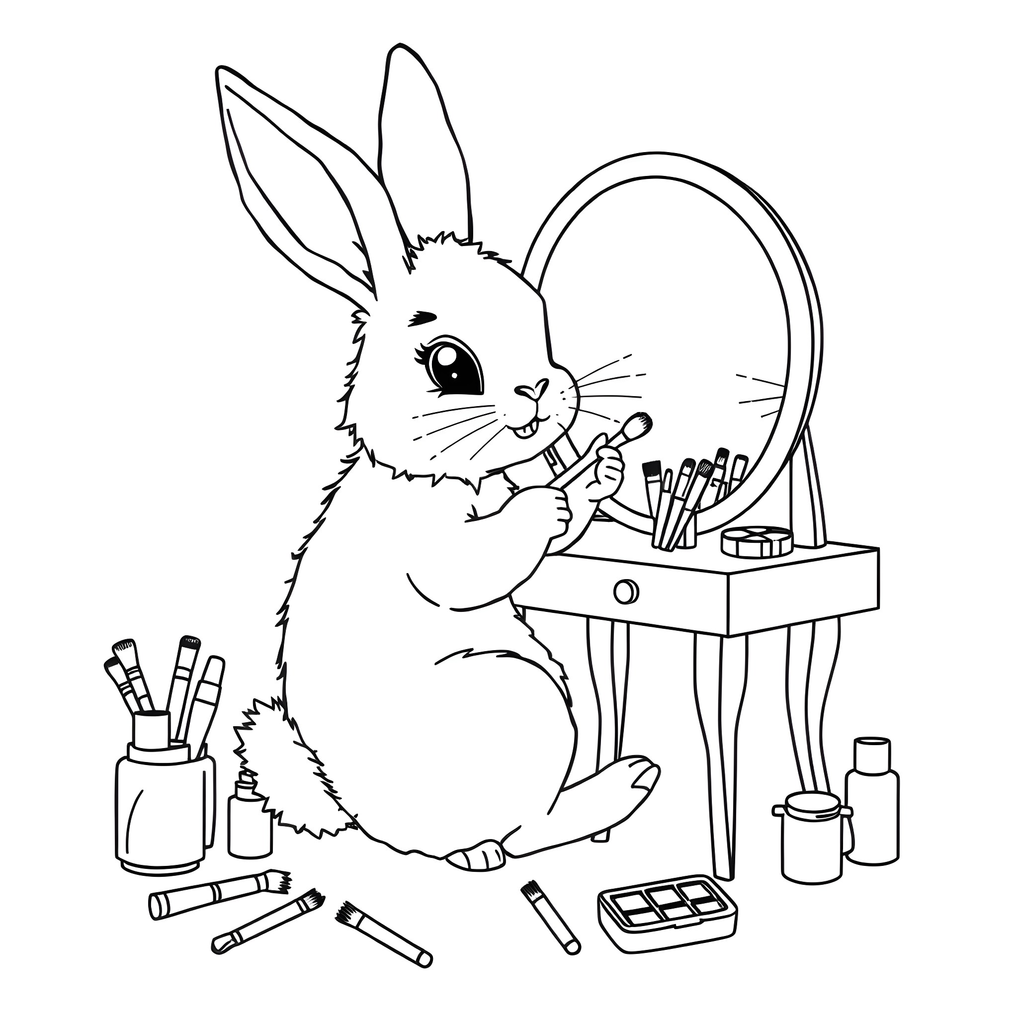 Rabbit Putting on Makeup in Front of Mirror Coloring Page (free black-and-white line drawing printable PDF for all, from beginners to advanced learners, including children, teens, adults, and seniors)