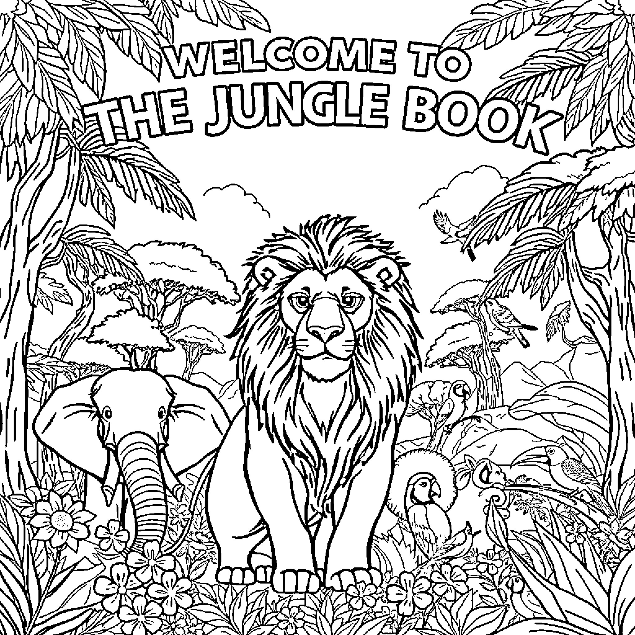 Jungle animals and flora in the wilderness Coloring Page (free black-and-white line drawing printable PDF for all, from beginners to advanced learners, including children, teens, adults, and seniors)