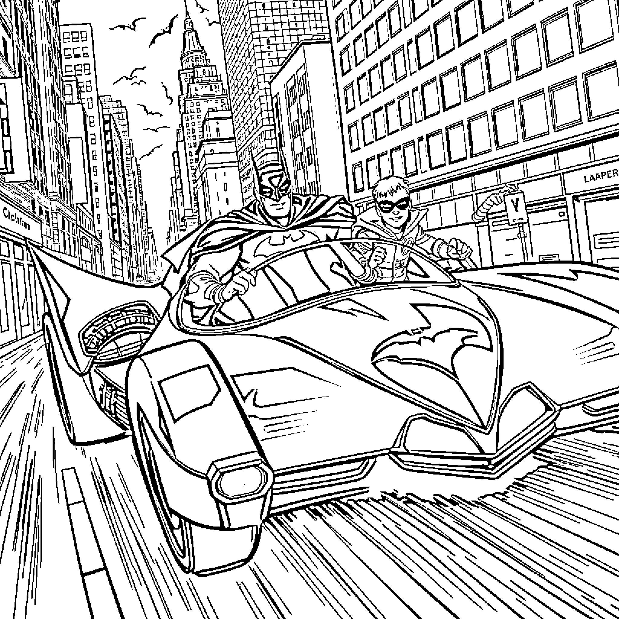 Batmobile speeding through Gotham City Coloring Page (free black-and-white line drawing printable PDF for all, from beginners to advanced learners, including children, teens, adults, and seniors)