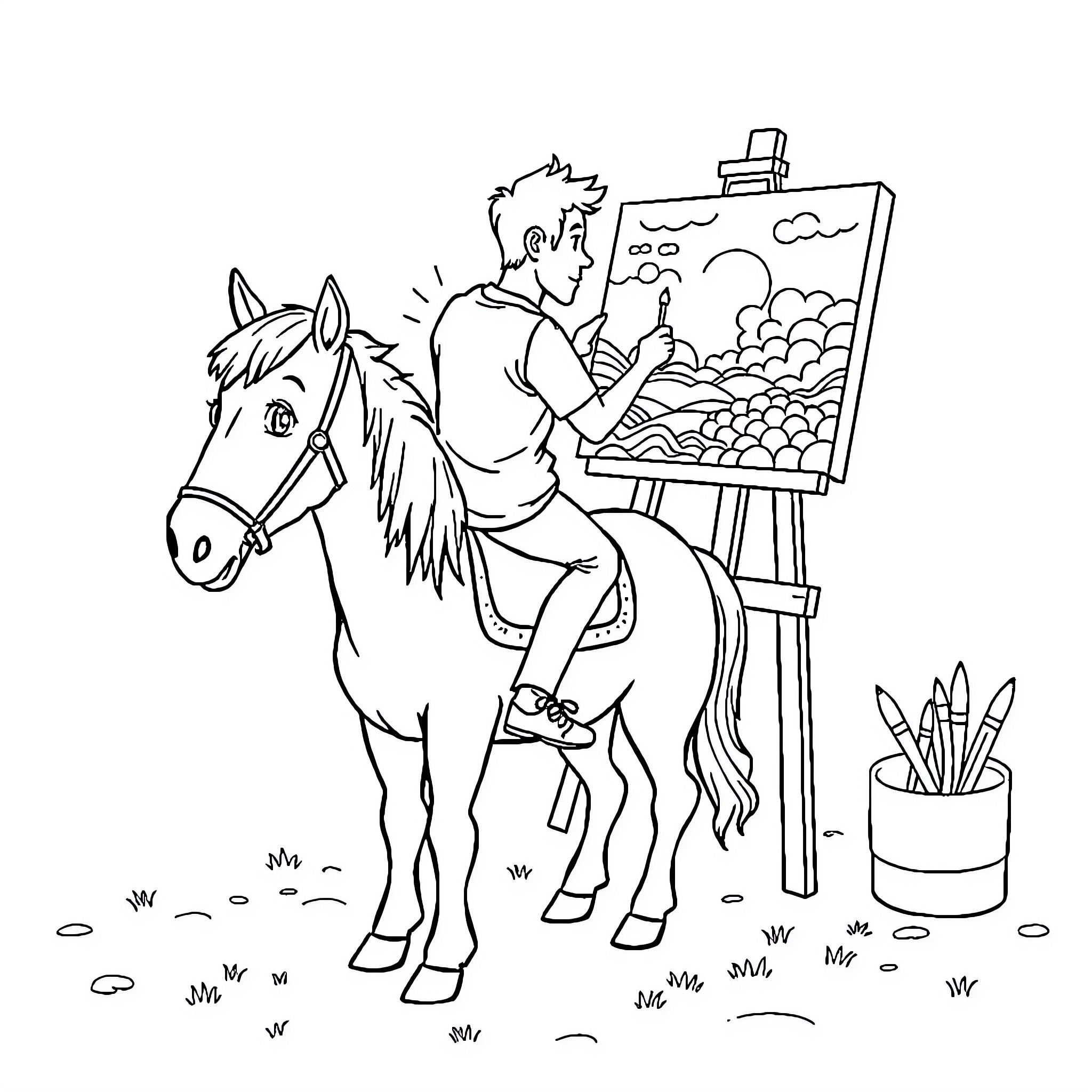 Man painting scenic landscape on easel while sitting on horse Coloring Page (free black-and-white line drawing printable PDF for all, from beginners to advanced learners, including children, teens, adults, and seniors)