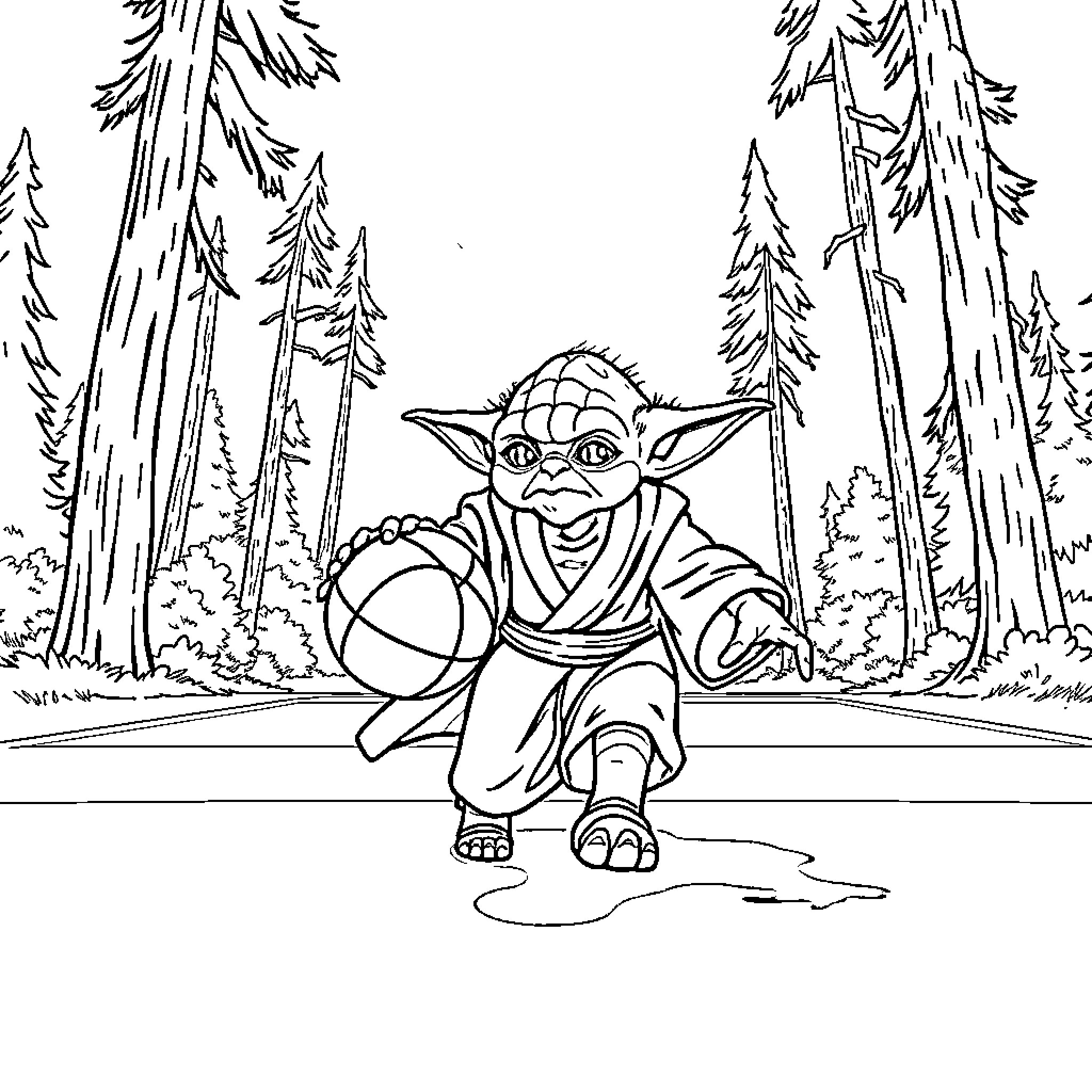 Yoda playing with ball in forest Coloring Page (free black-and-white line drawing printable PDF for all, from beginners to advanced learners, including children, teens, adults, and seniors)