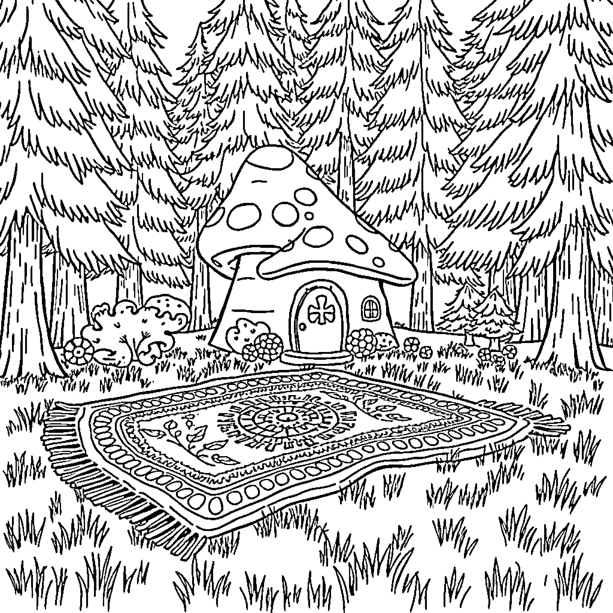 Mushroom House in a Whimsical Forest Coloring Page (free black-and-white line drawing printable PDF for all, from beginners to advanced learners, including children, teens, adults, and seniors)