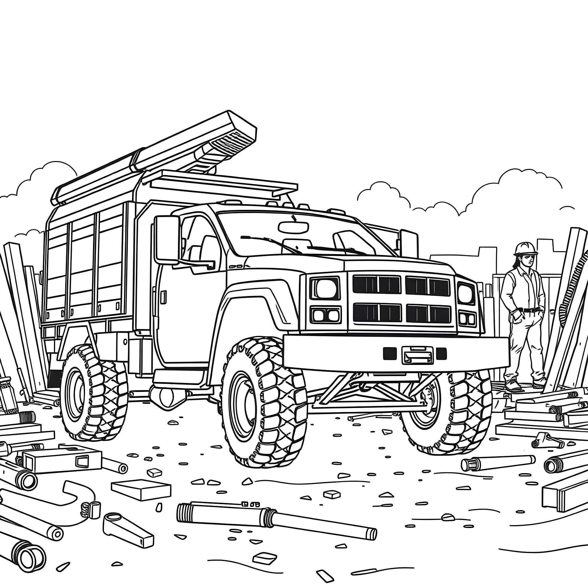 Pick Up Truck Loaded with Construction Gear Coloring Page (free black-and-white line drawing printable PDF for all, from beginners to advanced learners, including children, teens, adults, and seniors)