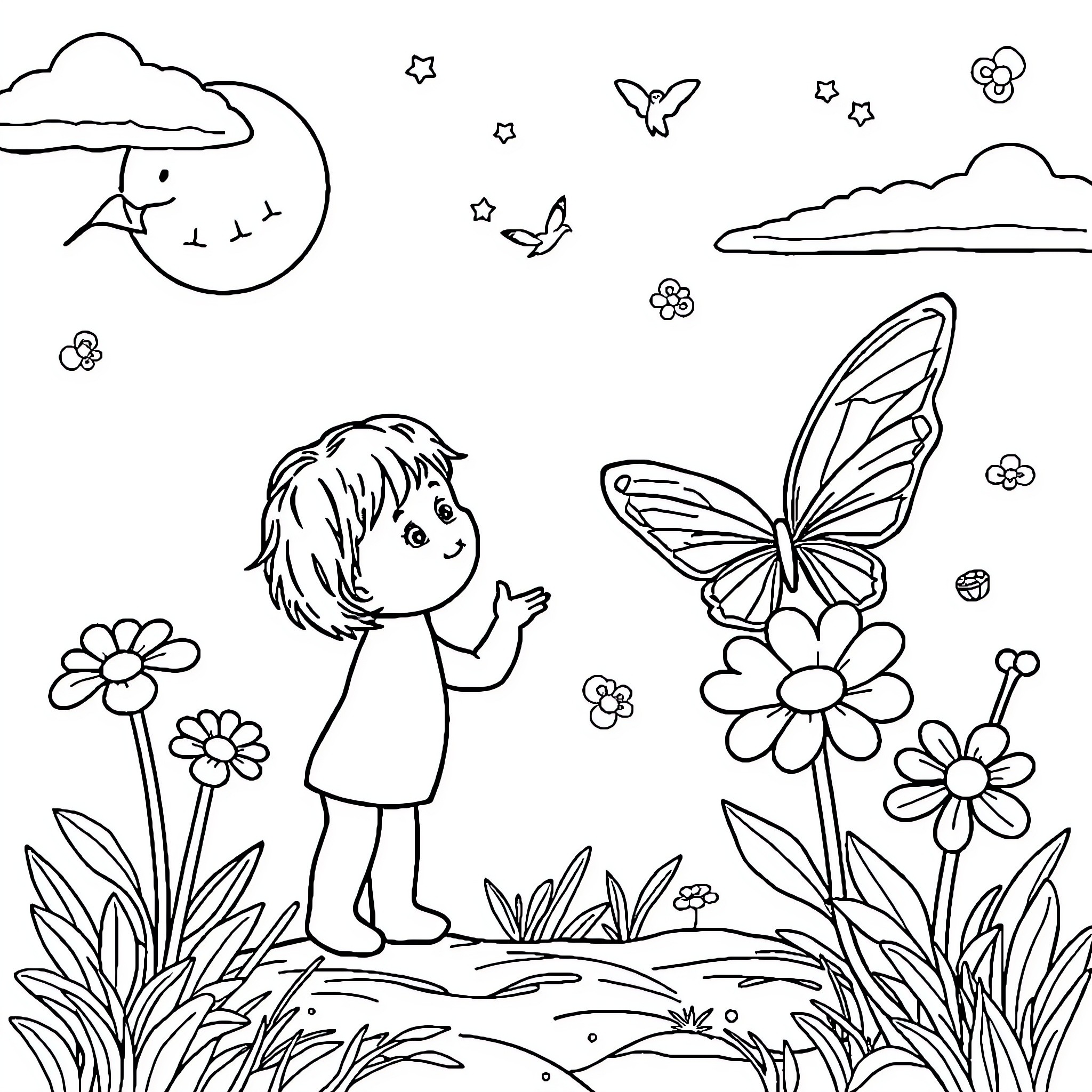 Book of girl exploring nature with butterflies Coloring Page (free black-and-white line drawing printable PDF for all, from beginners to advanced learners, including children, teens, adults, and seniors)