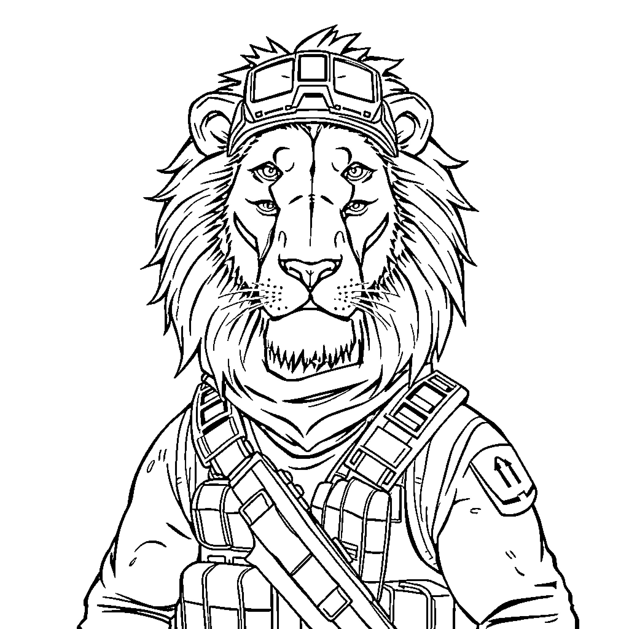 Lion in Warrior Attire Coloring Page (free black-and-white line drawing printable PDF for all, from beginners to advanced learners, including children, teens, adults, and seniors)