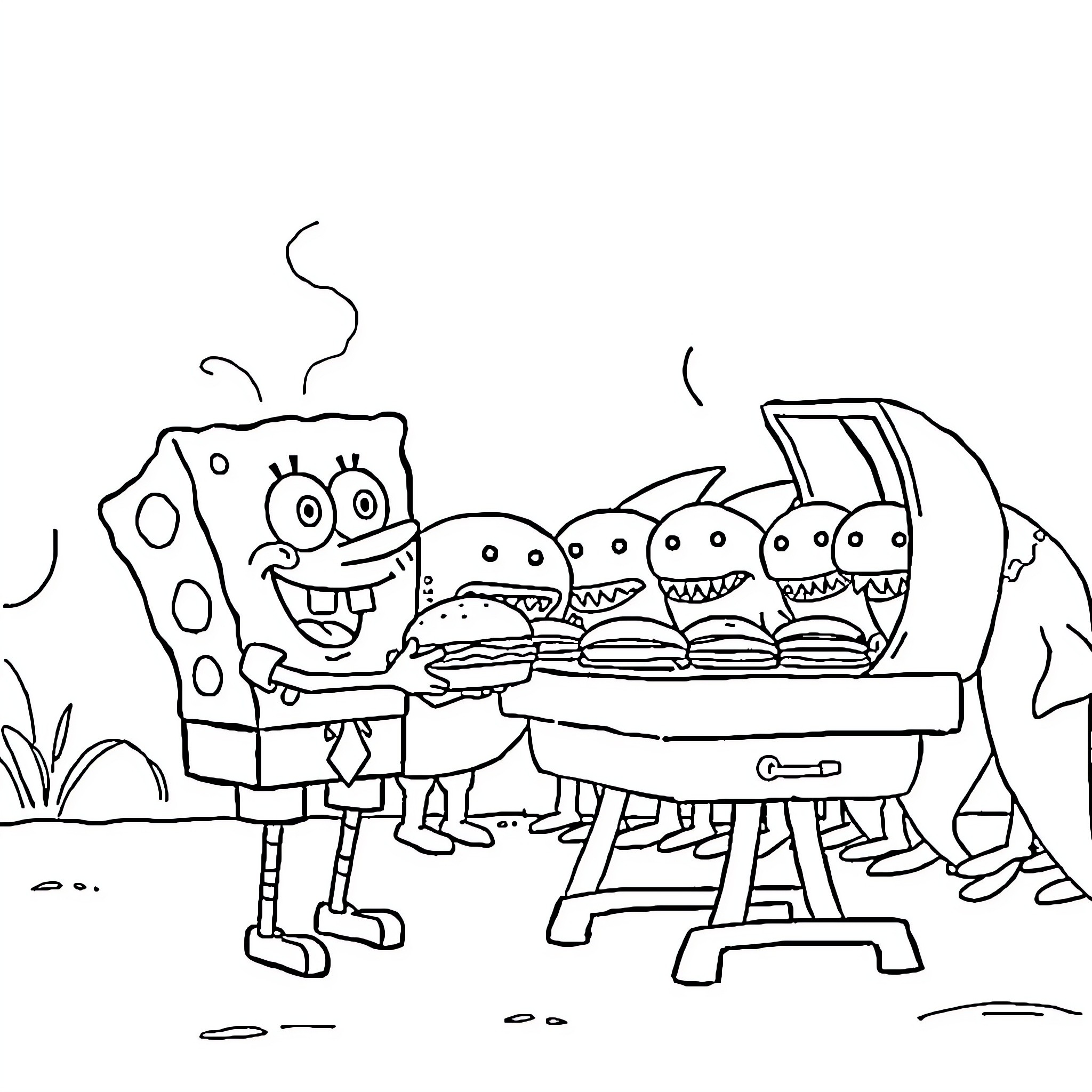 Spongebob and friends enjoy a tasty barbecue Coloring Page (free black-and-white line drawing printable PDF for all, from beginners to advanced learners, including children, teens, adults, and seniors)