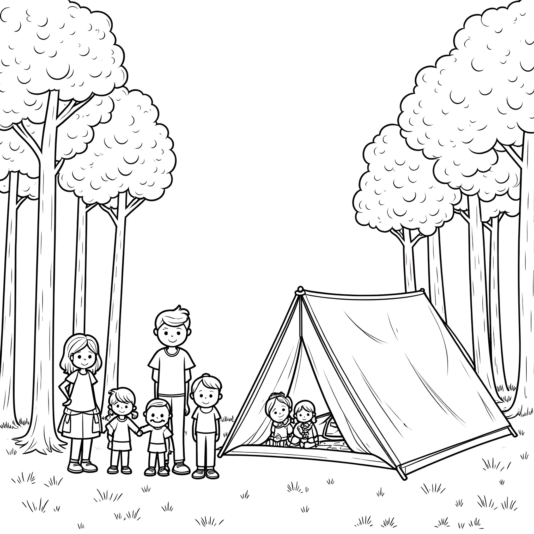 Family Camping Adventure in the Woodland Coloring Page (free black-and-white line drawing printable PDF for all, from beginners to advanced learners, including children, teens, adults, and seniors)
