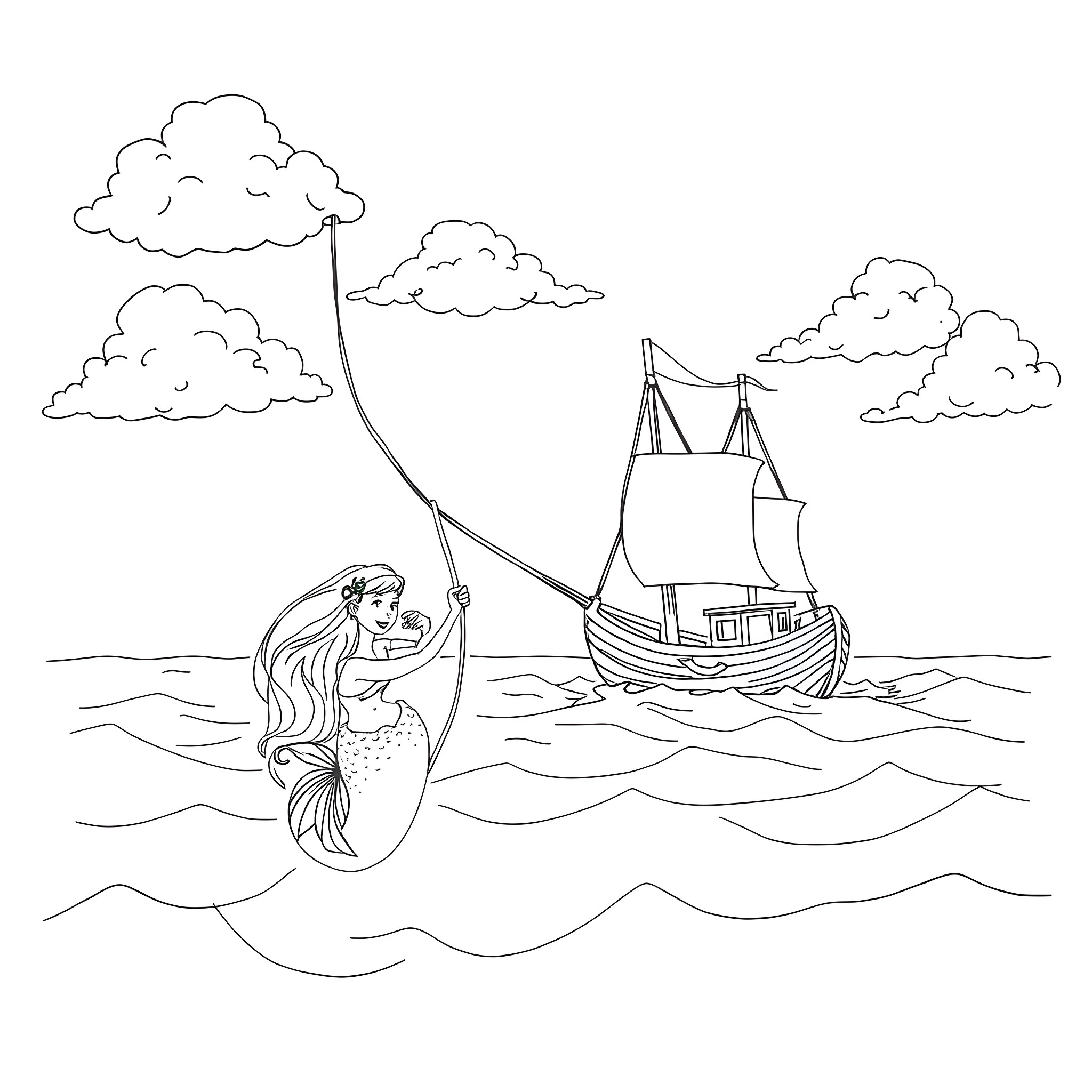 Mermaid sailing on the waves with a ship Coloring Page (free black-and-white line drawing printable PDF for all, from beginners to advanced learners, including children, teens, adults, and seniors)