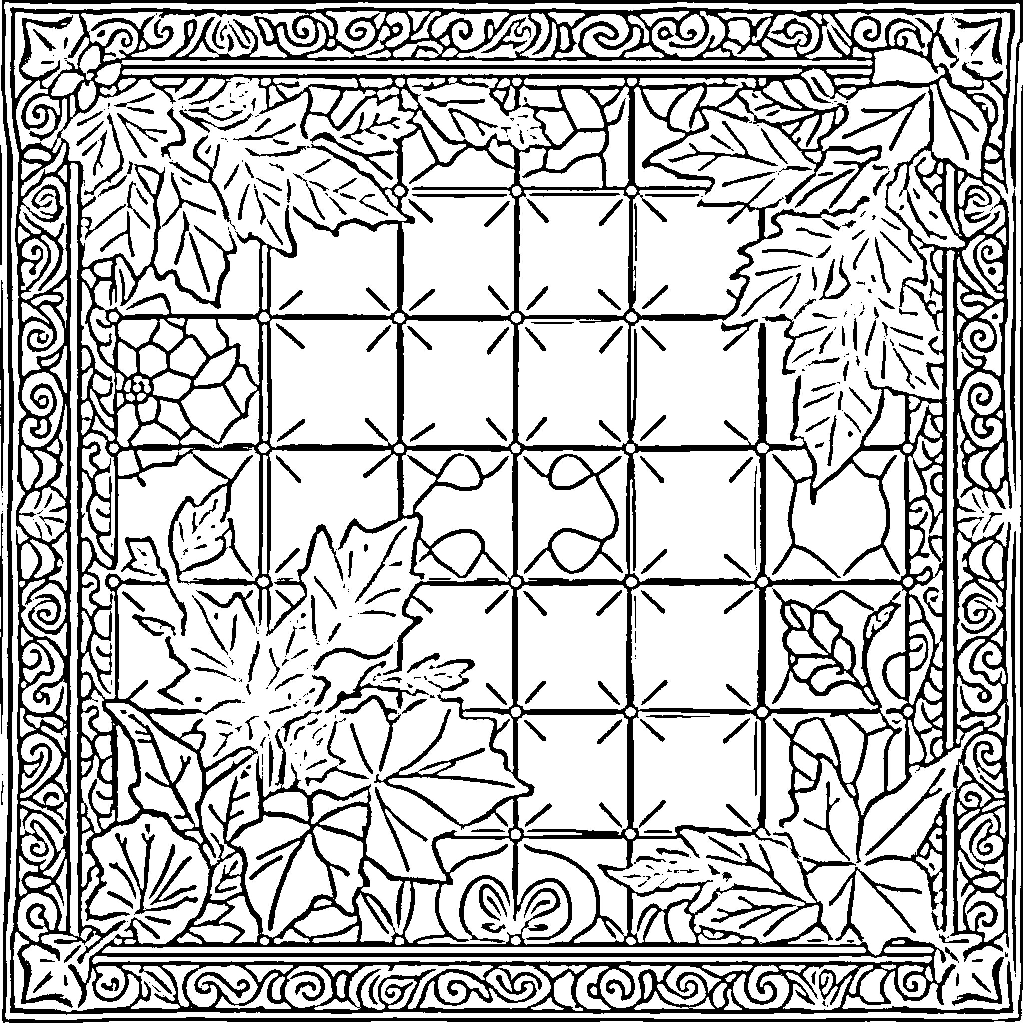 Quilt pattern with autumn leaves and geometric design Coloring Page (free black-and-white line drawing printable PDF for all, from beginners to advanced learners, including children, teens, adults, and seniors)