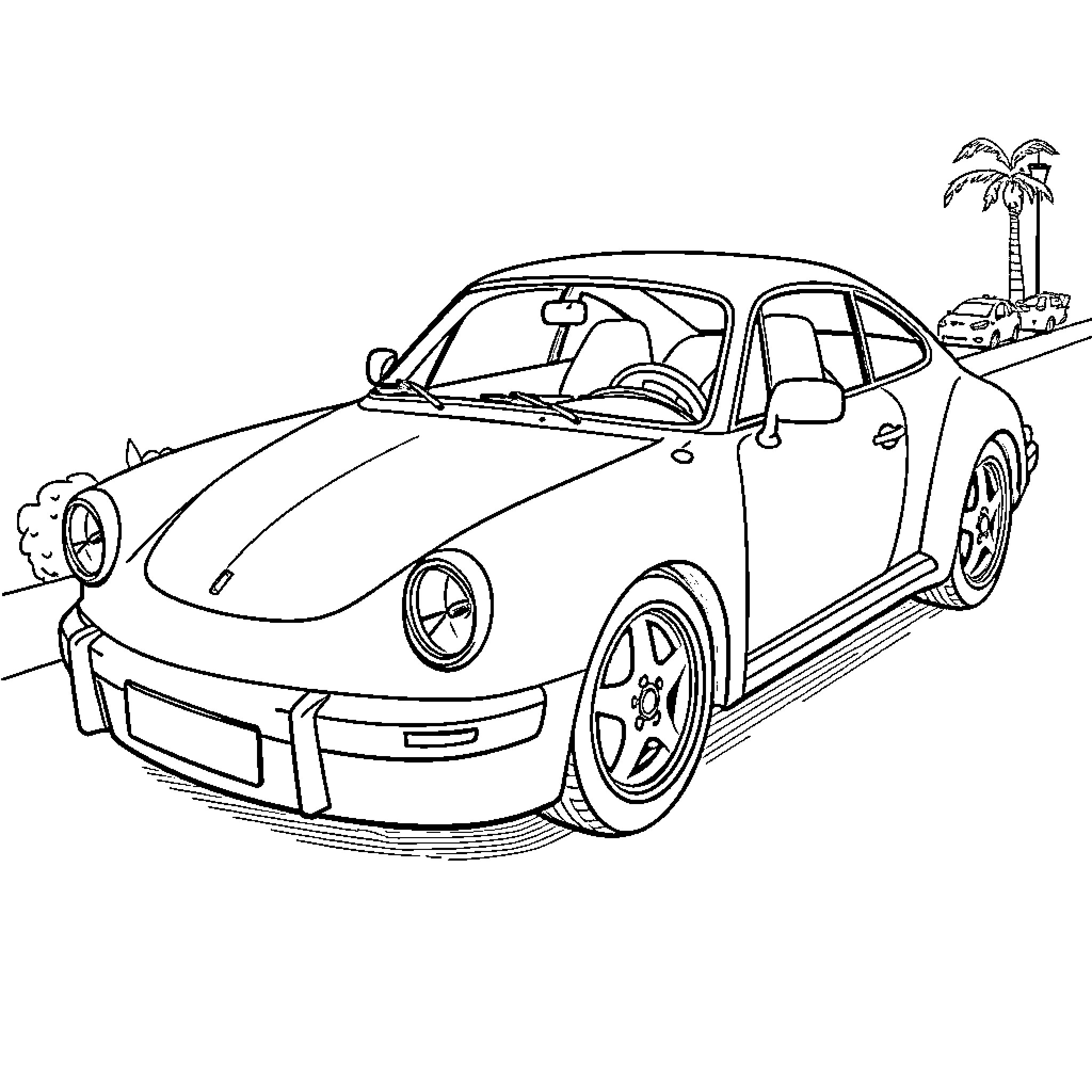 Sedan on tropical road trip Coloring Page (free black-and-white line drawing printable PDF for all, from beginners to advanced learners, including children, teens, adults, and seniors)