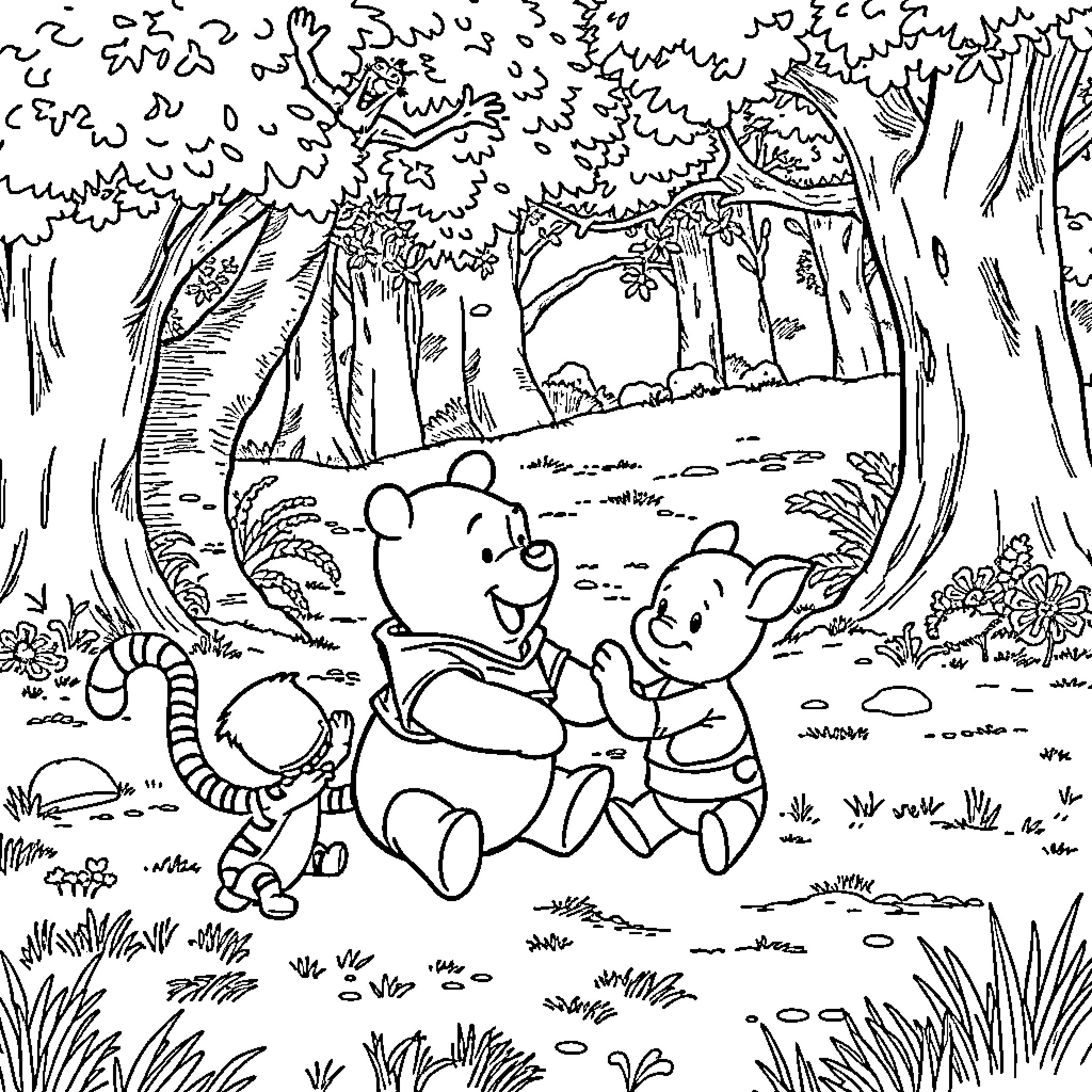 Winnie The Pooh and Piglet enjoying the forest Coloring Page (free black-and-white line drawing printable PDF for all, from beginners to advanced learners, including children, teens, adults, and seniors)