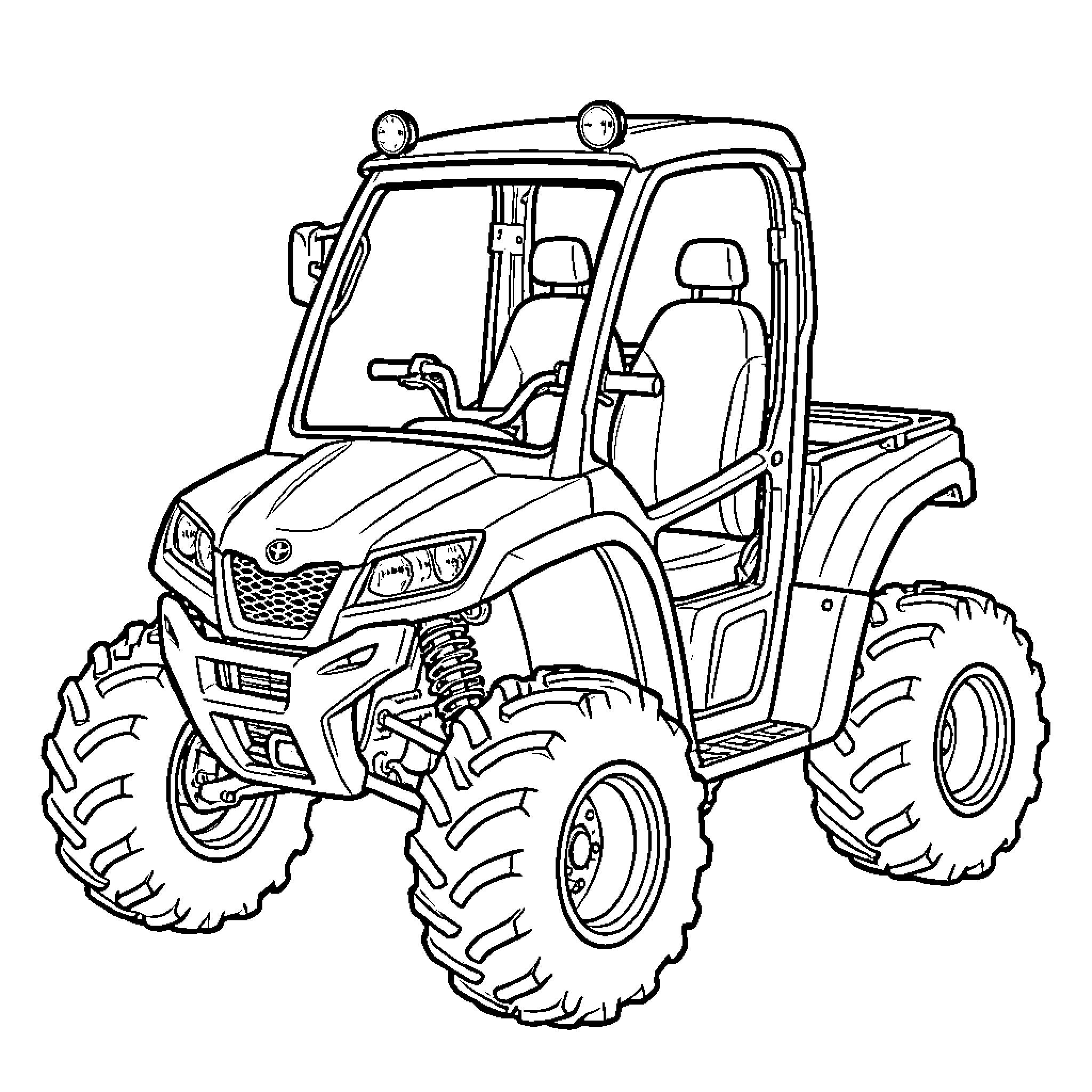 ATV vehicle with rugged tires and open cabin Coloring Page (free black-and-white line drawing printable PDF for all, from beginners to advanced learners, including children, teens, adults, and seniors)
