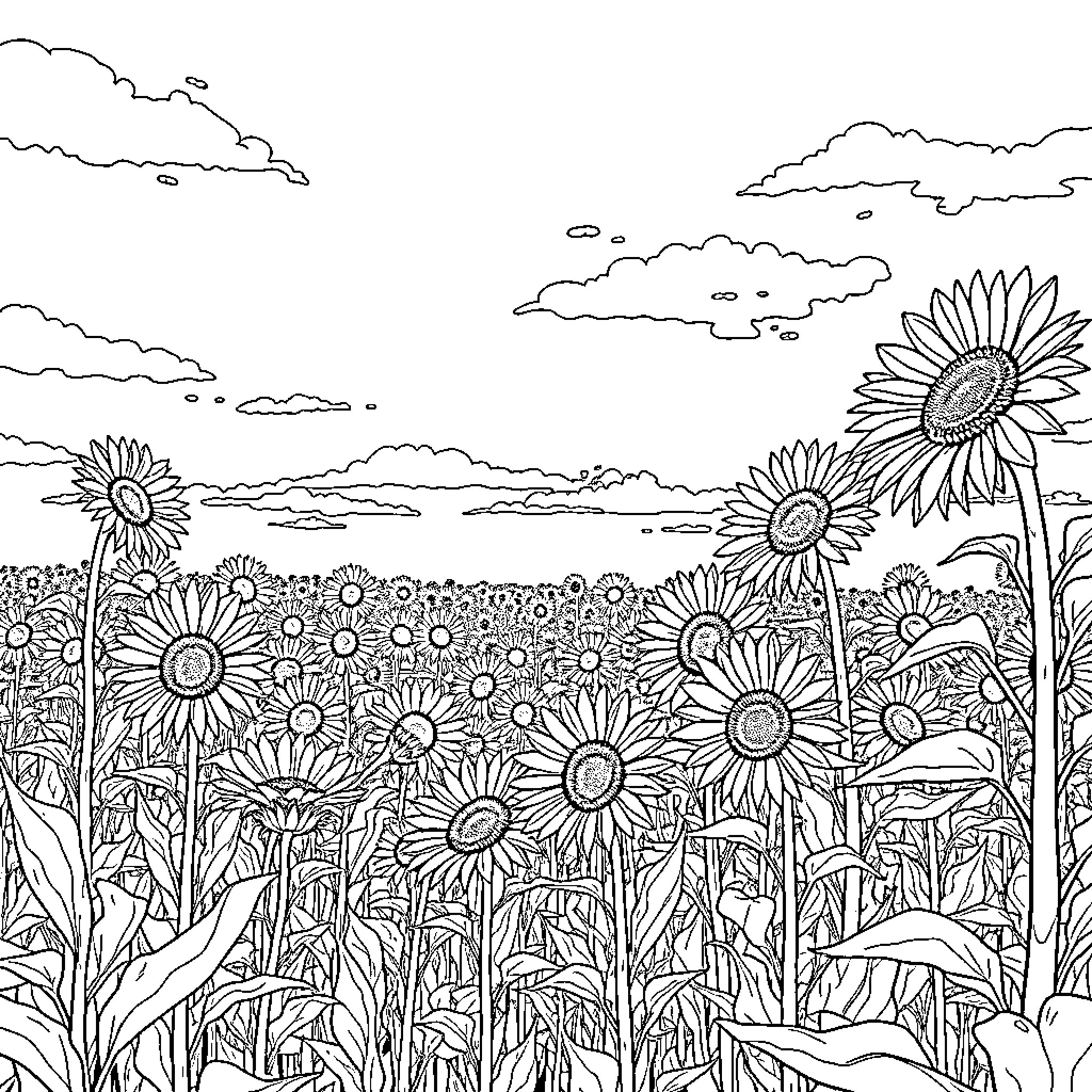 Sunflower field with flowing clouds Coloring Page (free black-and-white line drawing printable PDF for all, from beginners to advanced learners, including children, teens, adults, and seniors)