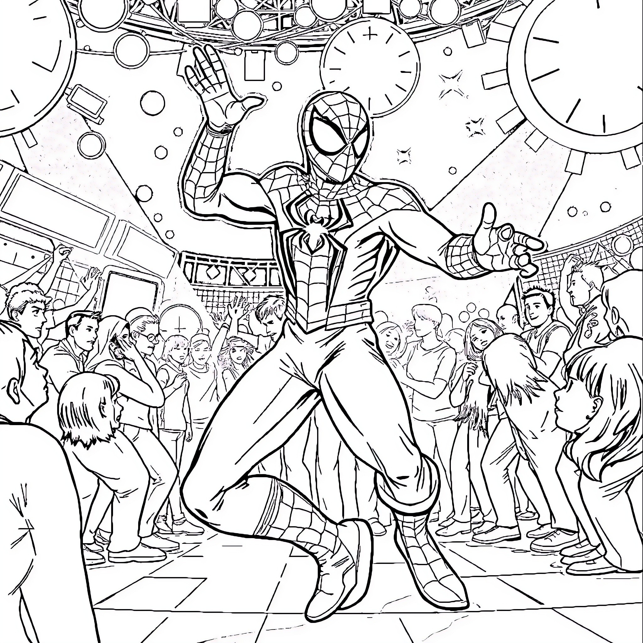 Spider-Man Saving the Day in a Crowded City Coloring Page (free black-and-white line drawing printable PDF for all, from beginners to advanced learners, including children, teens, adults, and seniors)