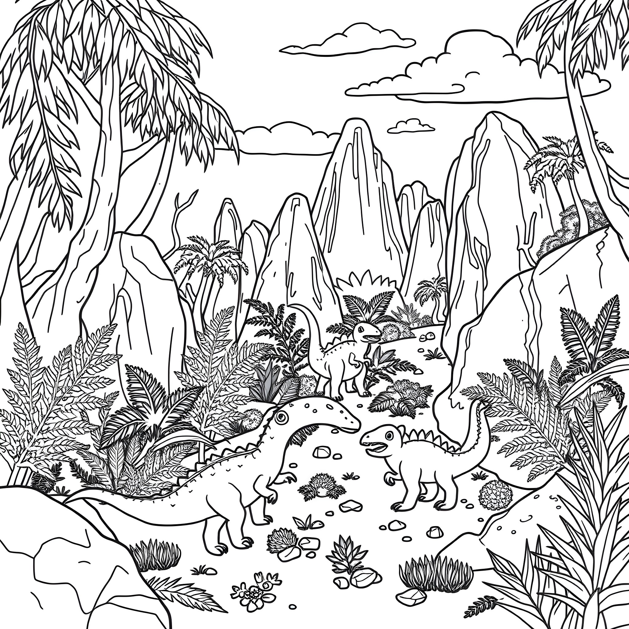 Dinosaurs roaming through a lush prehistoric landscape Coloring Page (free black-and-white line drawing printable PDF for all, from beginners to advanced learners, including children, teens, adults, and seniors)