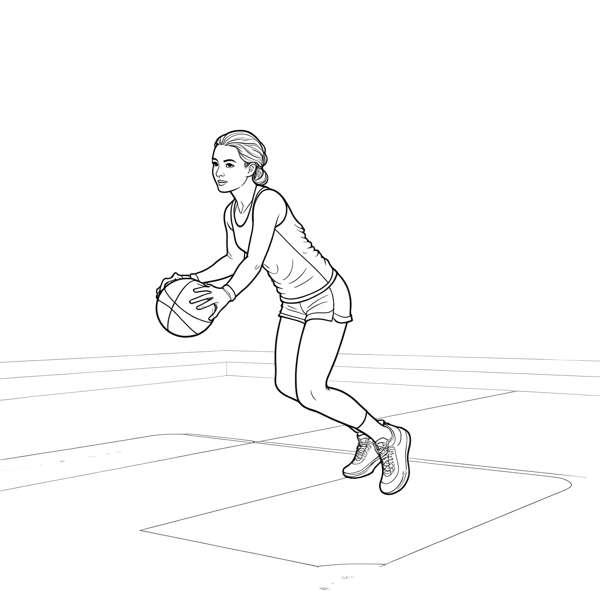 Titan Woman Dribbling Basketball on Court Coloring Page (free black-and-white line drawing printable PDF for all, from beginners to advanced learners, including children, teens, adults, and seniors)