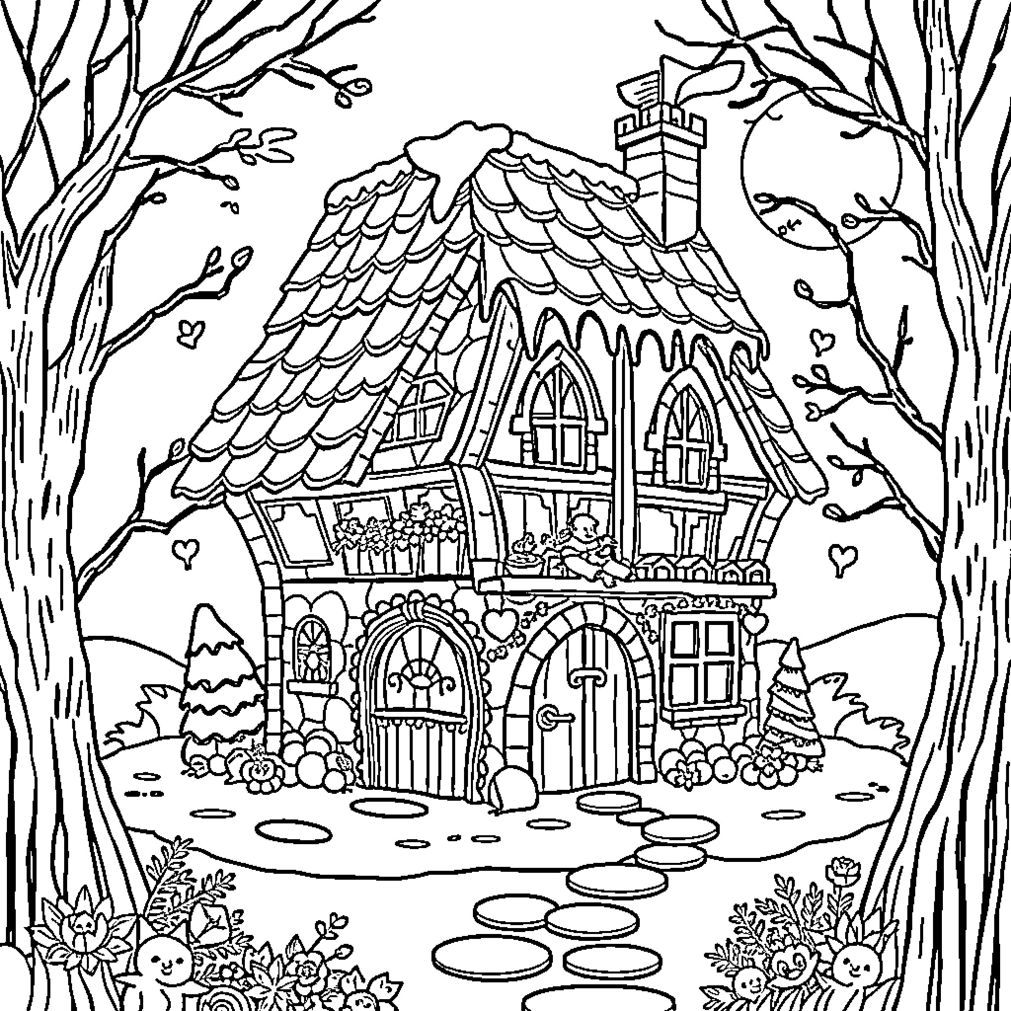 Hansel And Gretel's Enchanted Forest Cottage Coloring Page (free black-and-white line drawing printable PDF for all, from beginners to advanced learners, including children, teens, adults, and seniors)