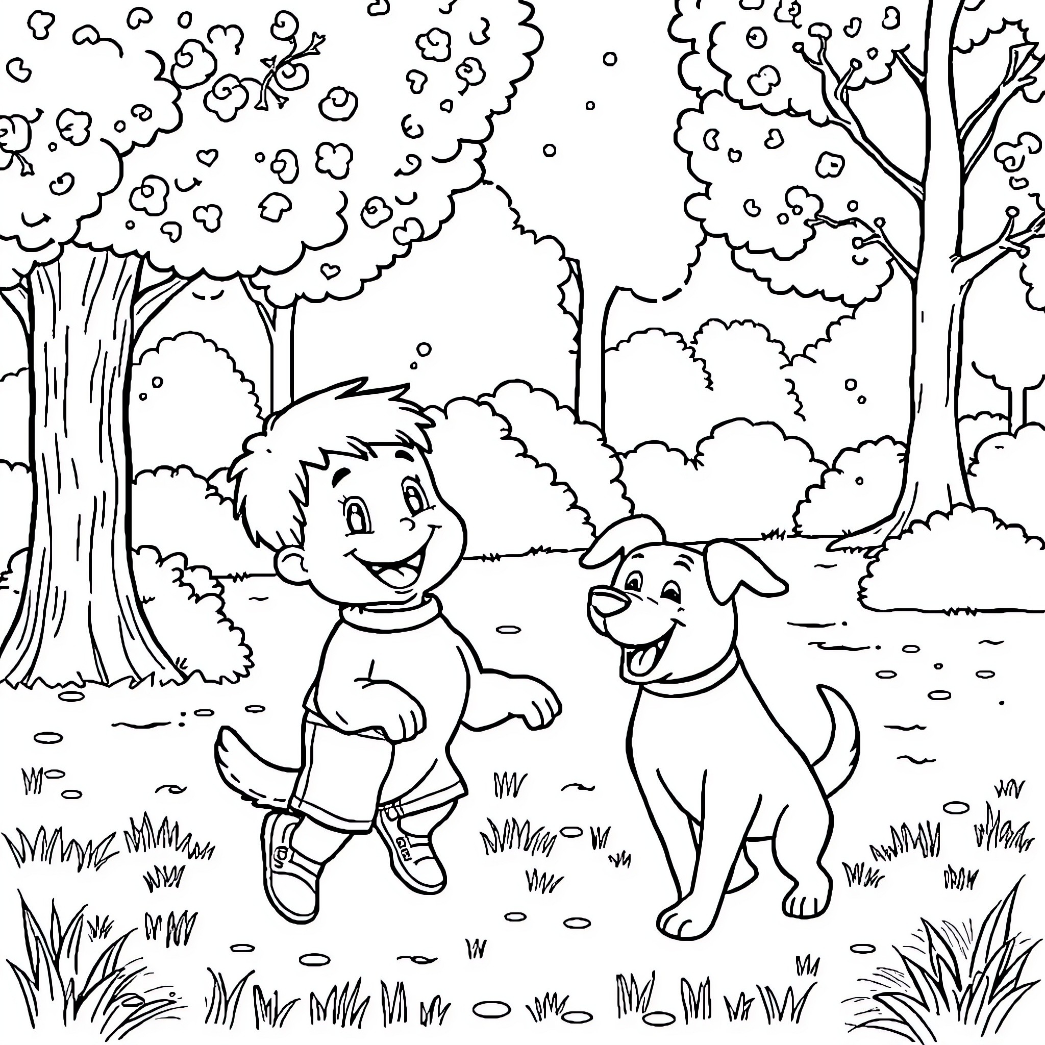Dog and boy playing in the forest Coloring Page (free black-and-white line drawing printable PDF for all, from beginners to advanced learners, including children, teens, adults, and seniors)