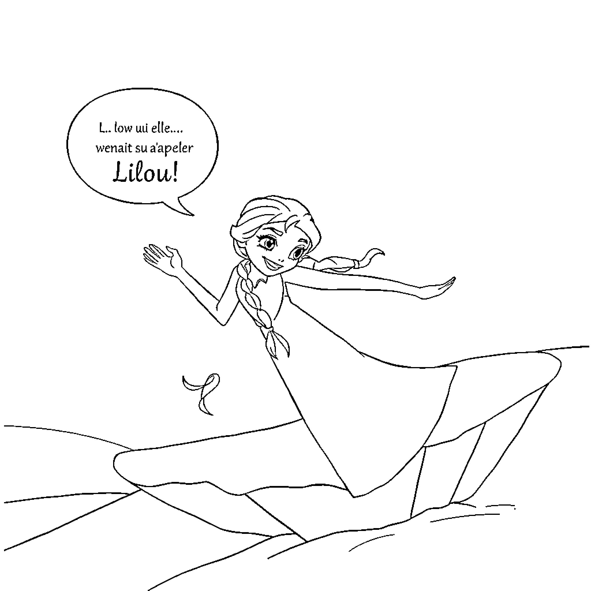 Elsa's Snowy Adventure with Exclamation Coloring Page (free black-and-white line drawing printable PDF for all, from beginners to advanced learners, including children, teens, adults, and seniors)