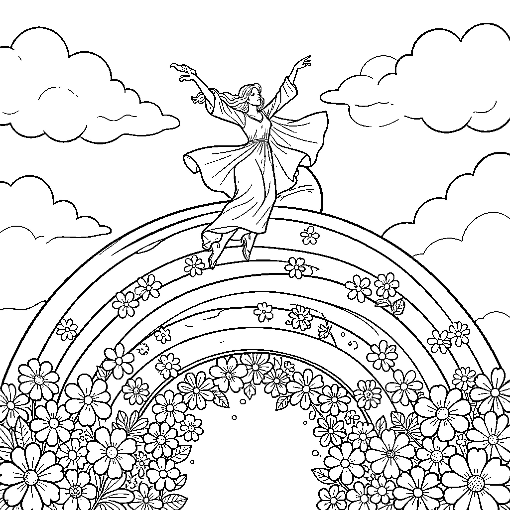 Nutella girl dancing on rainbow with flowers Coloring Page (free black-and-white line drawing printable PDF for all, from beginners to advanced learners, including children, teens, adults, and seniors)