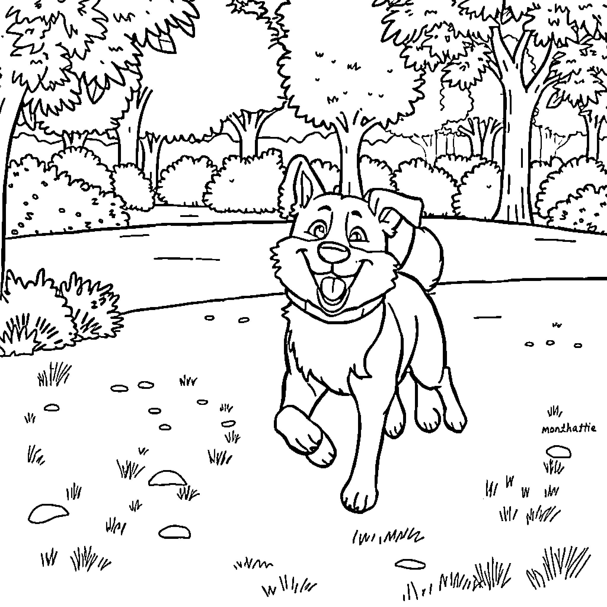 Dog exploring the forest with enthusiasm Coloring Page (free black-and-white line drawing printable PDF for all, from beginners to advanced learners, including children, teens, adults, and seniors)