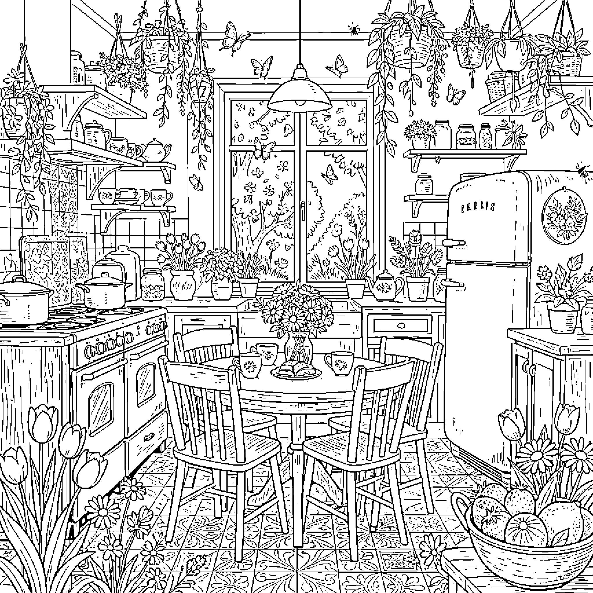 Kitchen filled with plants, dishes, and flowers Coloring Page (free black-and-white line drawing printable PDF for all, from beginners to advanced learners, including children, teens, adults, and seniors)