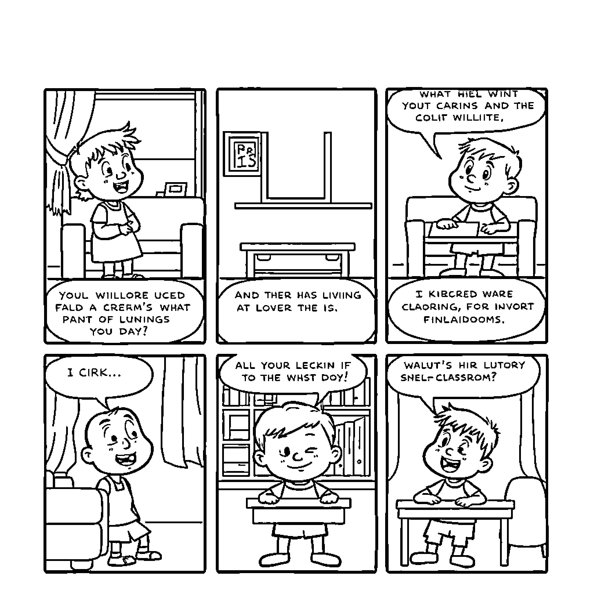 Comic Strip - Humorous Interactions in Daily Life Coloring Page (free black-and-white line drawing printable PDF for all, from beginners to advanced learners, including children, teens, adults, and seniors)