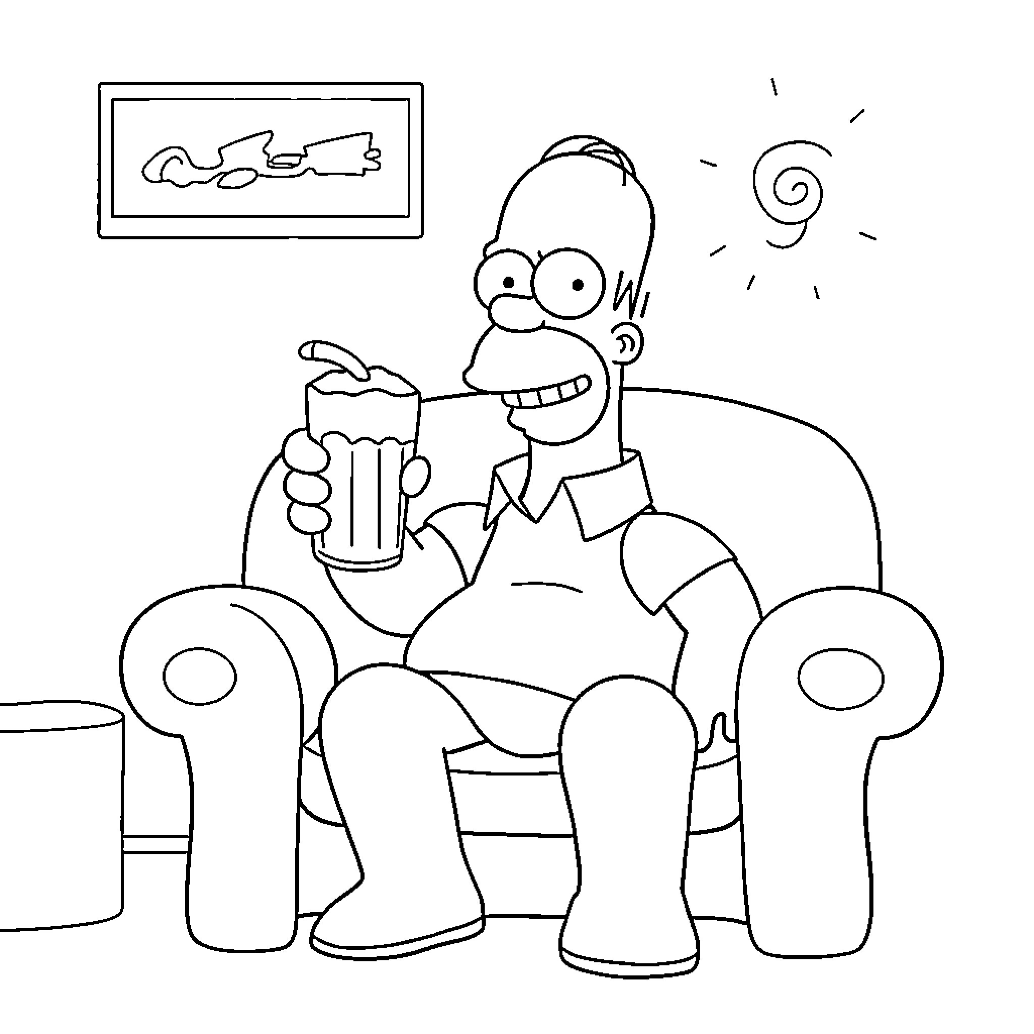 Homer Simpson enjoying a refreshing beverage Coloring Page (free black-and-white line drawing printable PDF for all, from beginners to advanced learners, including children, teens, adults, and seniors)