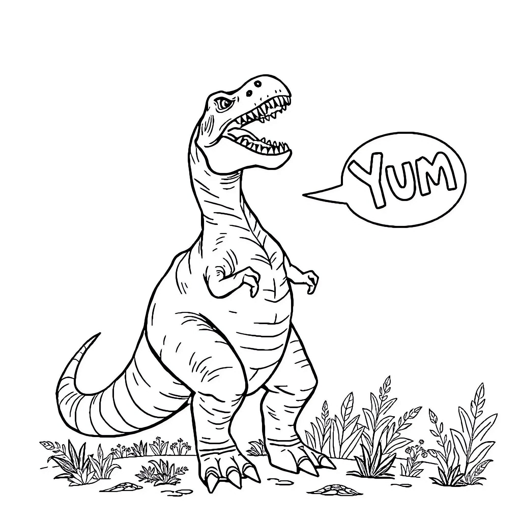 Dinosaur making a 'Yum' sound in nature Coloring Page (free black-and-white line drawing printable PDF for all, from beginners to advanced learners, including children, teens, adults, and seniors)