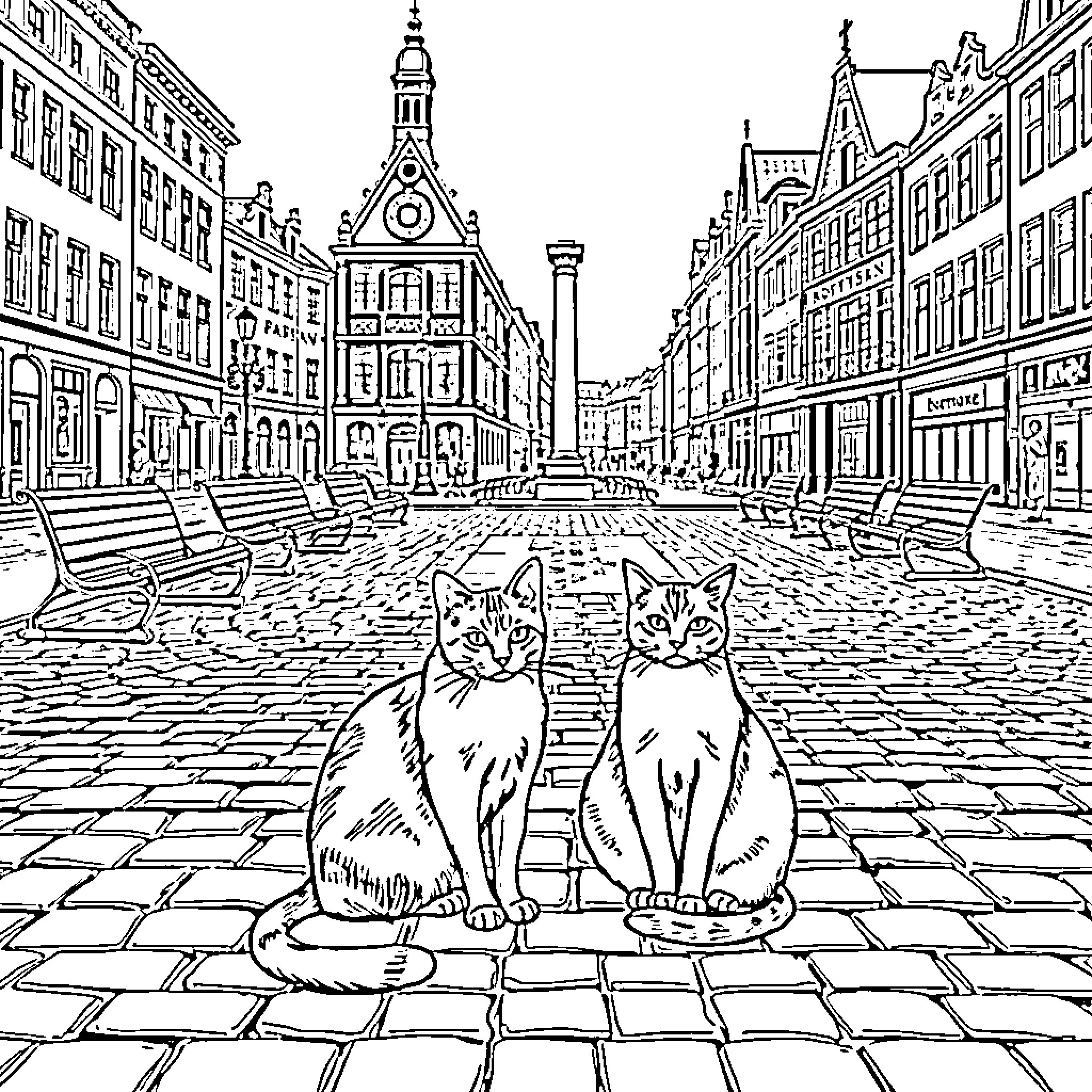 Cats Explore Charming Historic City Street Coloring Page (free black-and-white line drawing printable PDF for all, from beginners to advanced learners, including children, teens, adults, and seniors)