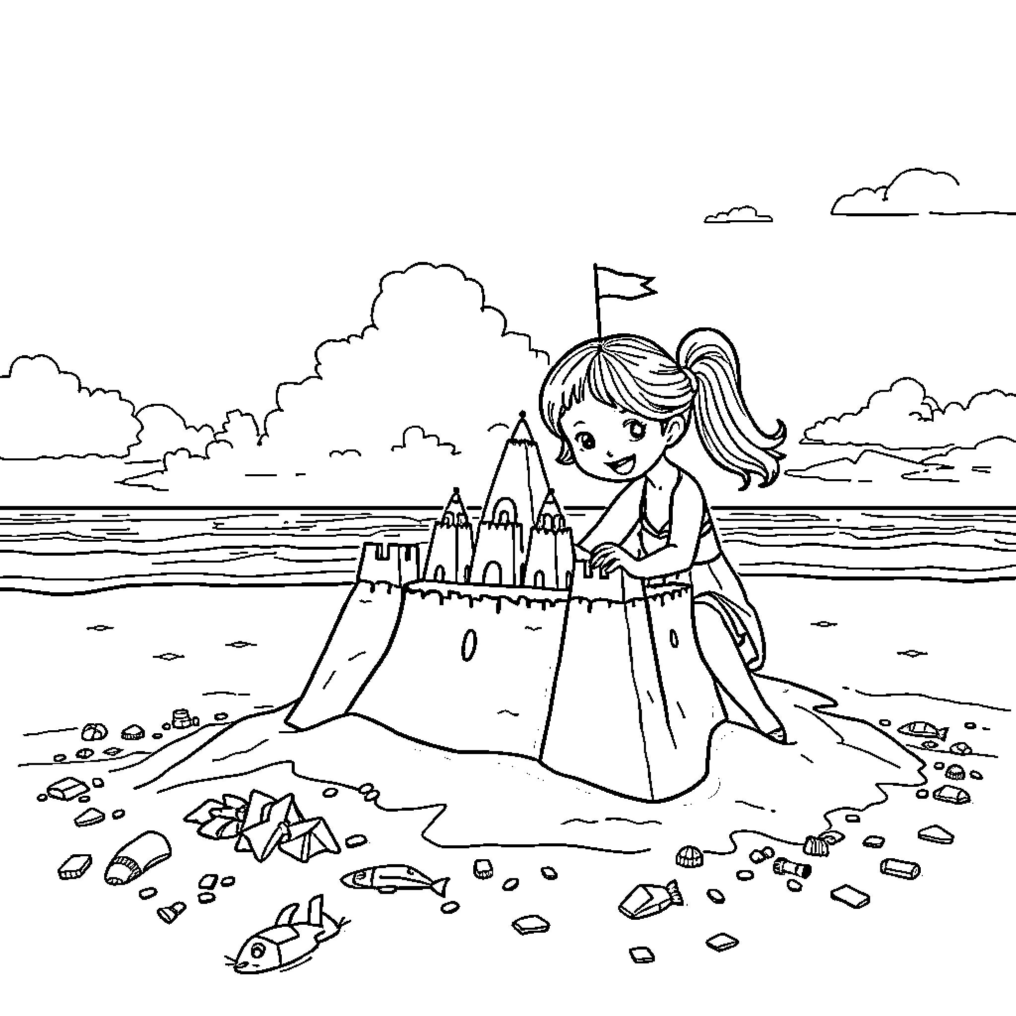 Jenna Ortega building a sand castle on the beach Coloring Page (free black-and-white line drawing printable PDF for all, from beginners to advanced learners, including children, teens, adults, and seniors)