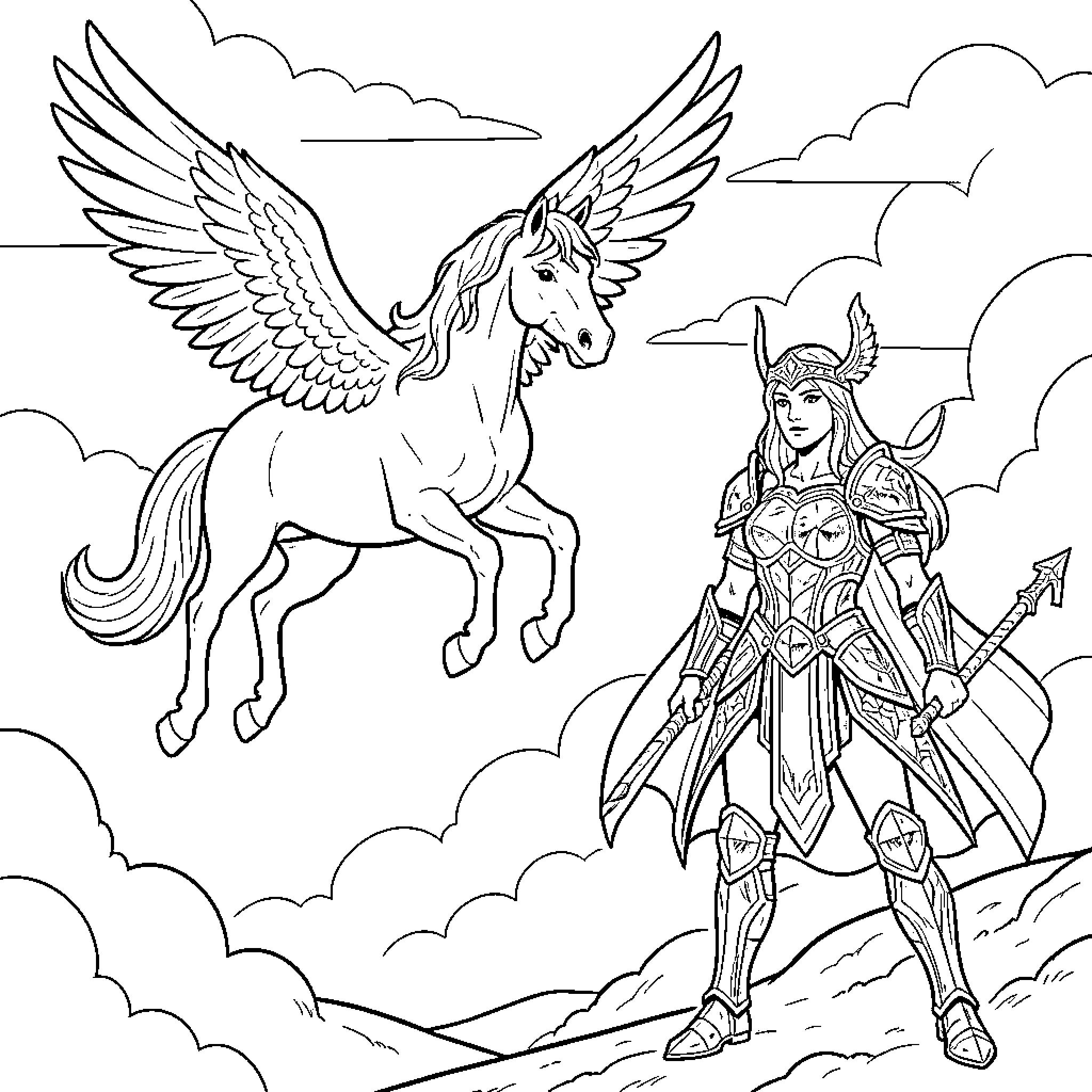 Caballo with winged companion and warrior woman Coloring Page (free black-and-white line drawing printable PDF for all, from beginners to advanced learners, including children, teens, adults, and seniors)