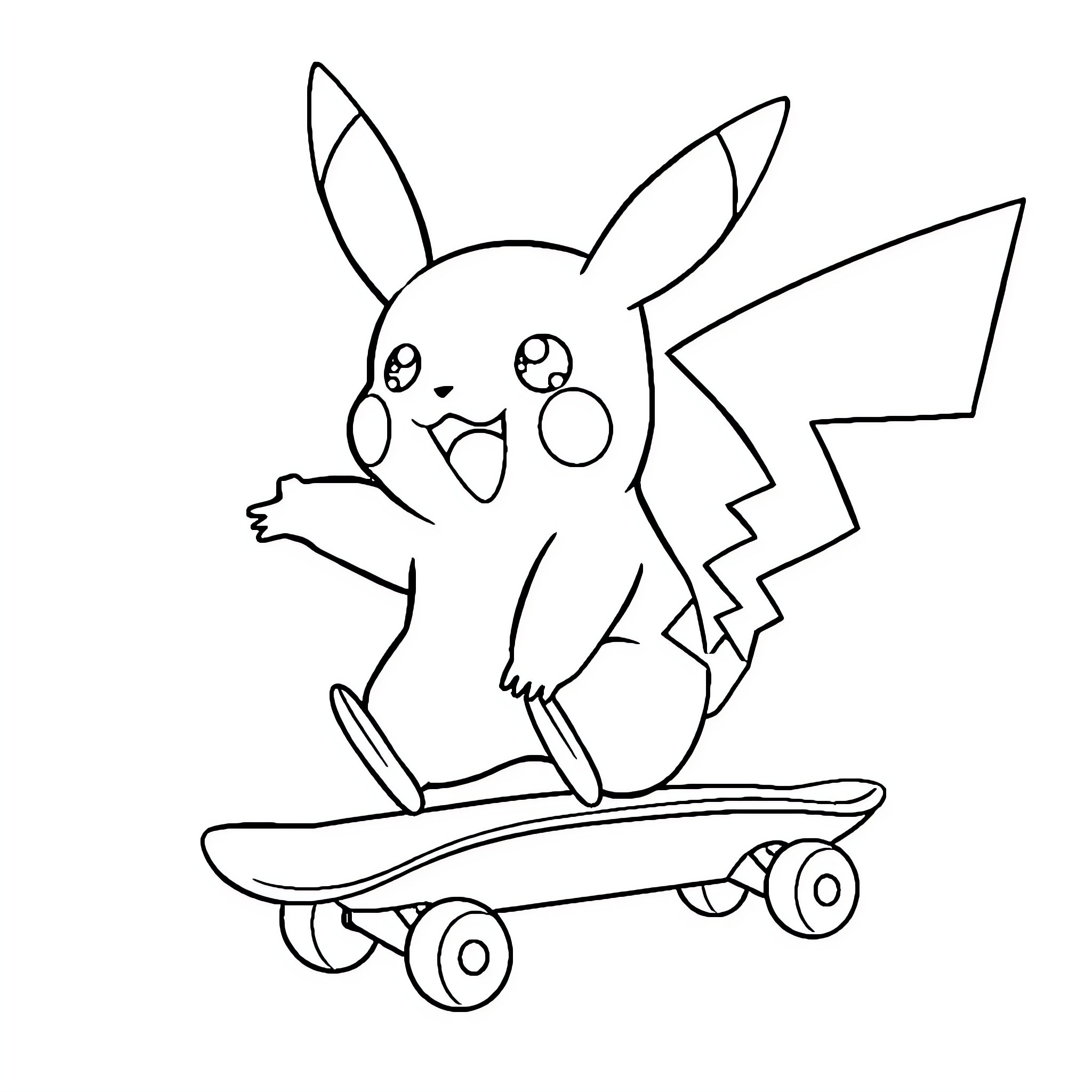 Pikachu riding a skateboard happily Coloring Page (free black-and-white line drawing printable PDF for all, from beginners to advanced learners, including children, teens, adults, and seniors)