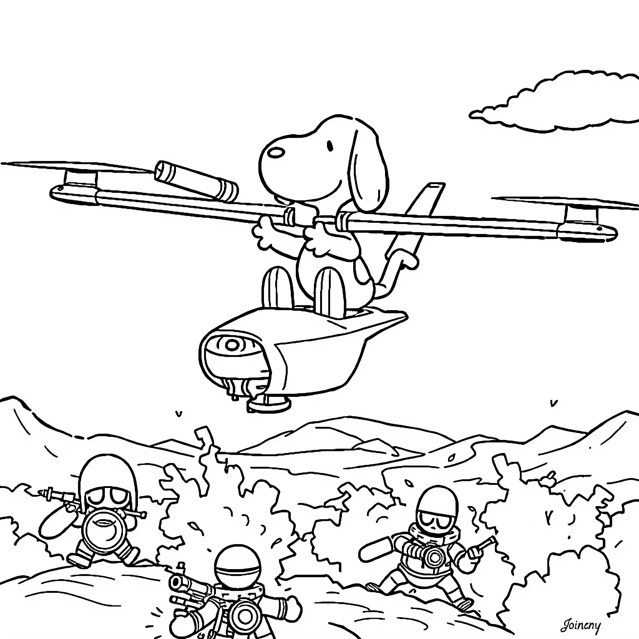 Snoopy's Imaginative Flight in the Skies Coloring Page (free black-and-white line drawing printable PDF for all, from beginners to advanced learners, including children, teens, adults, and seniors)