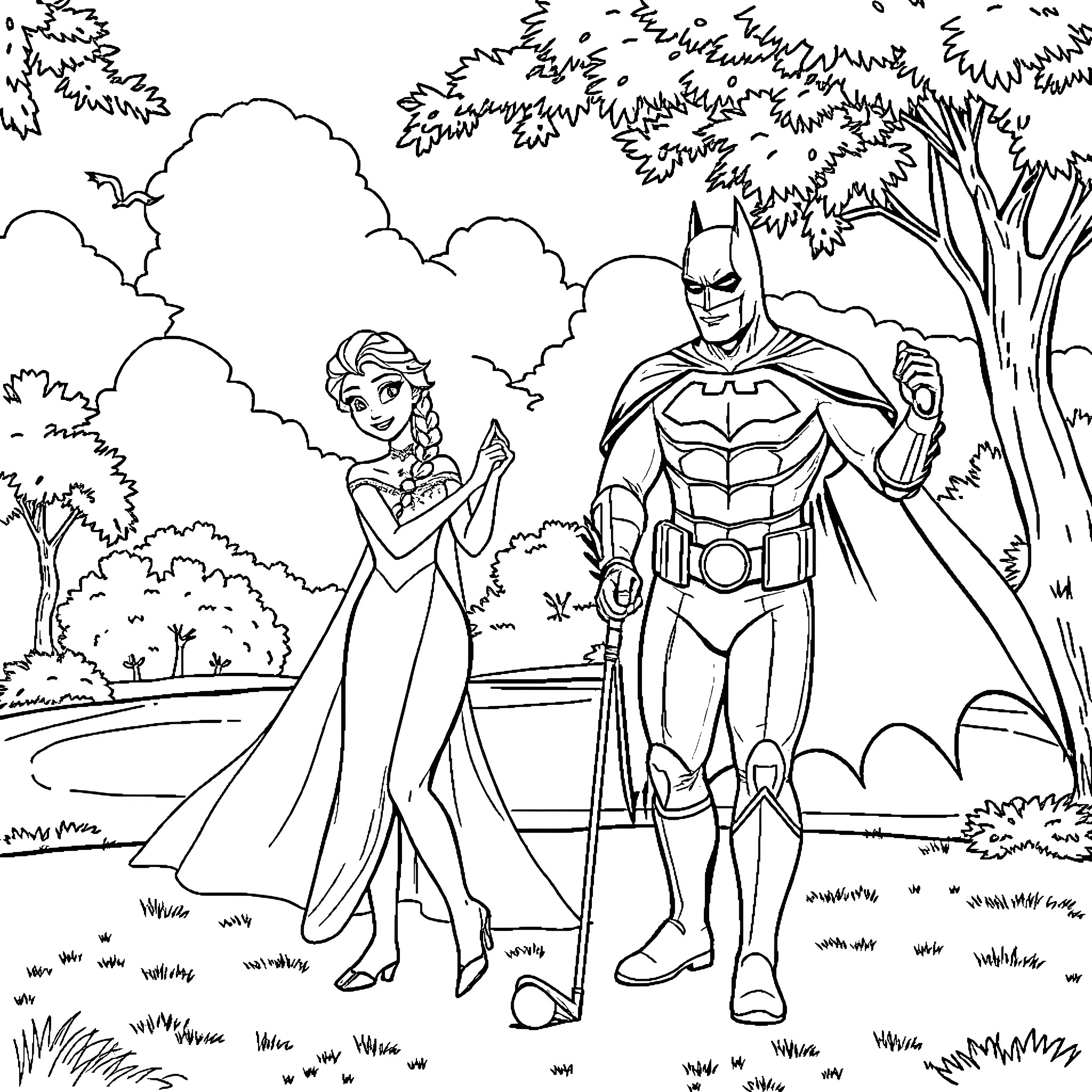 Elsa and Batman in the Enchanted Forest Coloring Page (free black-and-white line drawing printable PDF for all, from beginners to advanced learners, including children, teens, adults, and seniors)